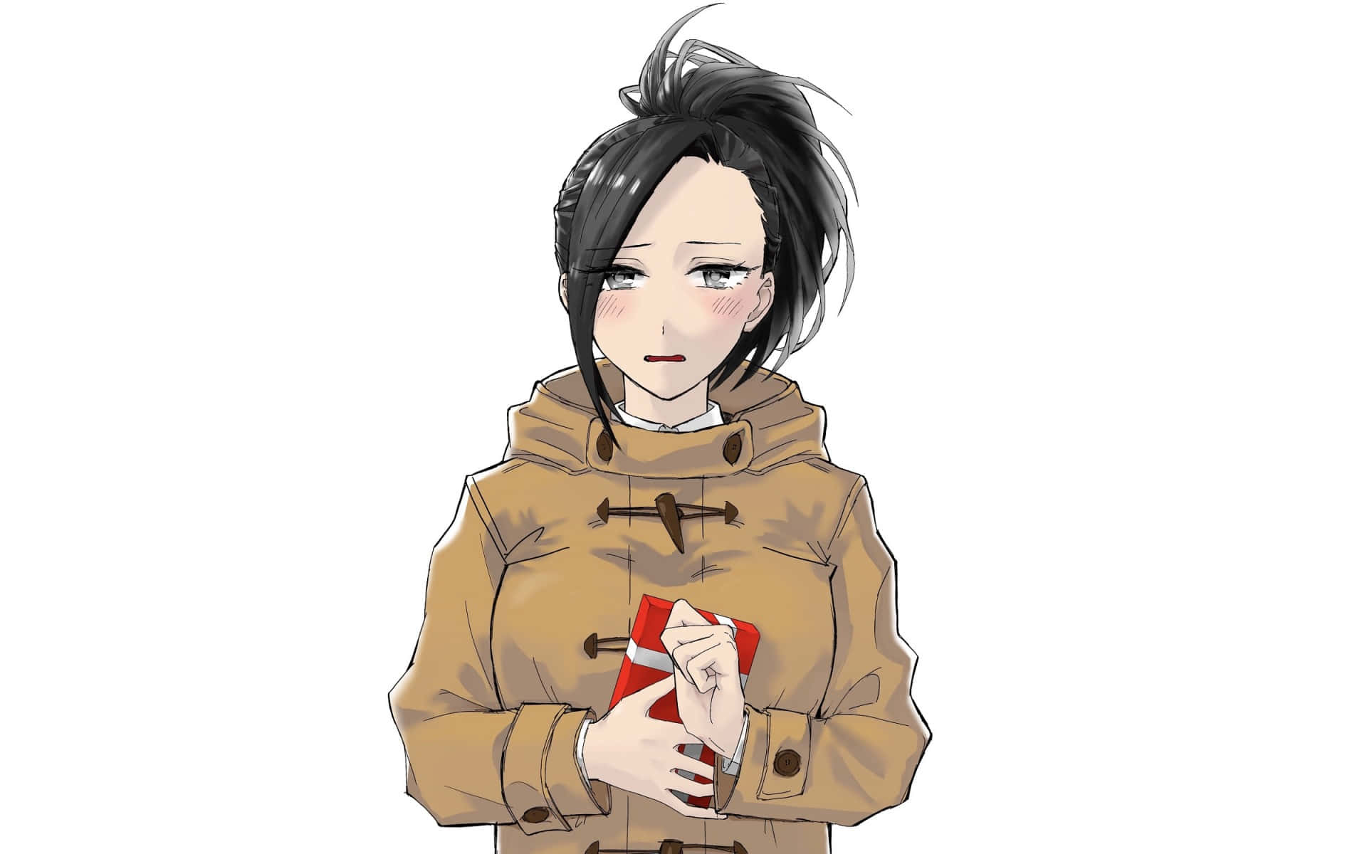 Momo Yaoyorozu 桌布 壁紙 — 動漫女孩，黑色亂髮，臉頰泛紅，穿著棕褐色粗呢大衣，拿著一個紅色包裝的禮物。