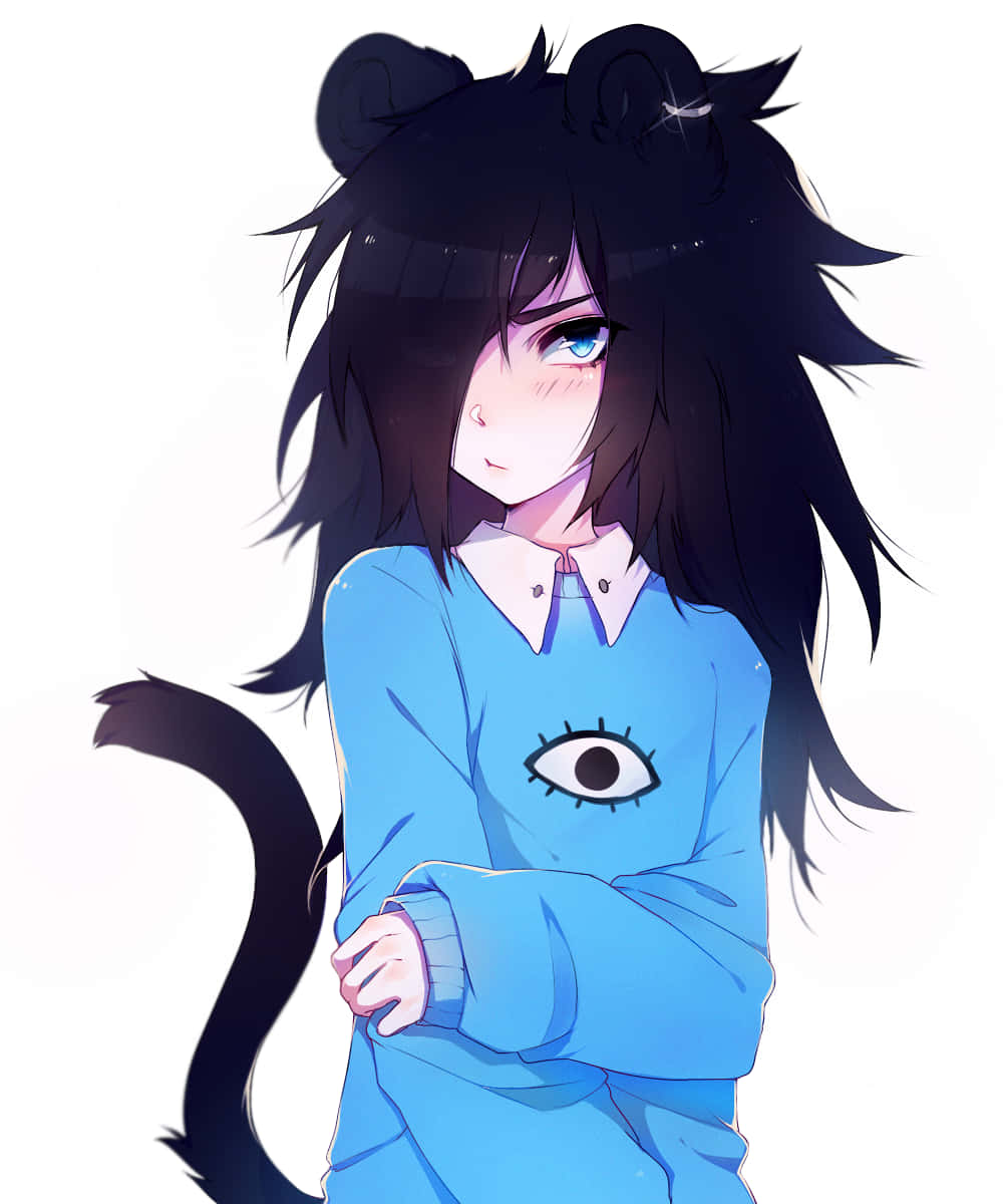 Femboy 桌布 壁紙 — 動漫女孩，黑色貓耳、尾巴，穿著帶有眼睛圖案的藍色毛衣，雙臂交叉站在白色背景前。