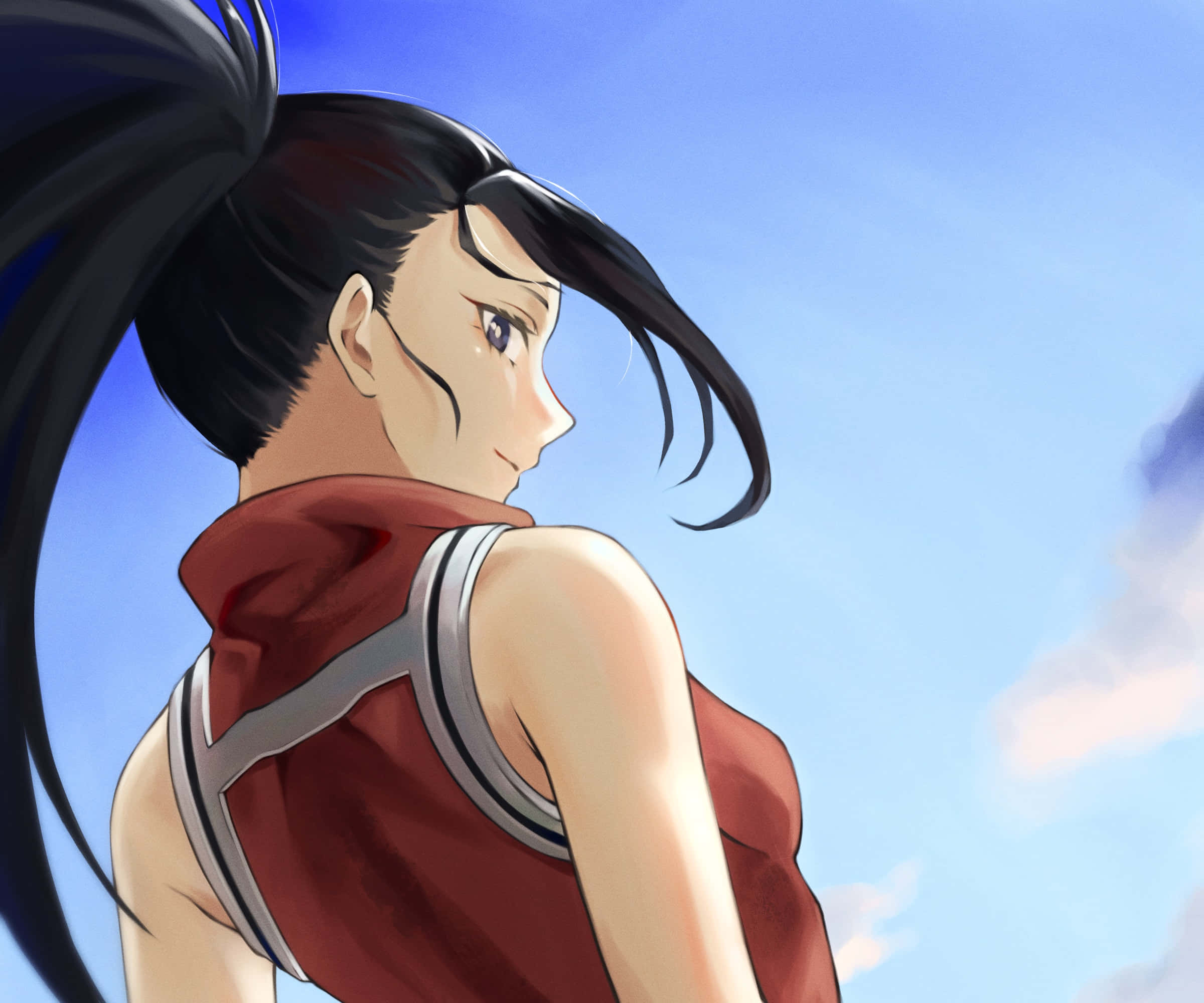 Momo Yaoyorozu 桌布 壁紙 — 動漫女孩，黑色馬尾辮，紅色上衣，仰望明亮的藍天，天空中有柔軟的白雲。