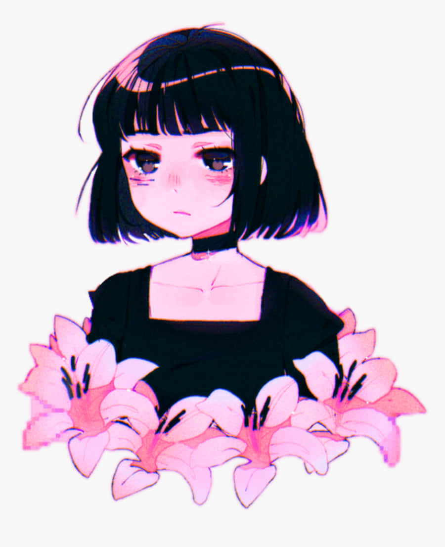 Sad Aesthetic Anime 桌布 壁紙 — 動漫女孩，黑色鮑伯頭，脖子上有粉紅色百合花，散發著霓虹粉紅和紫色光芒。