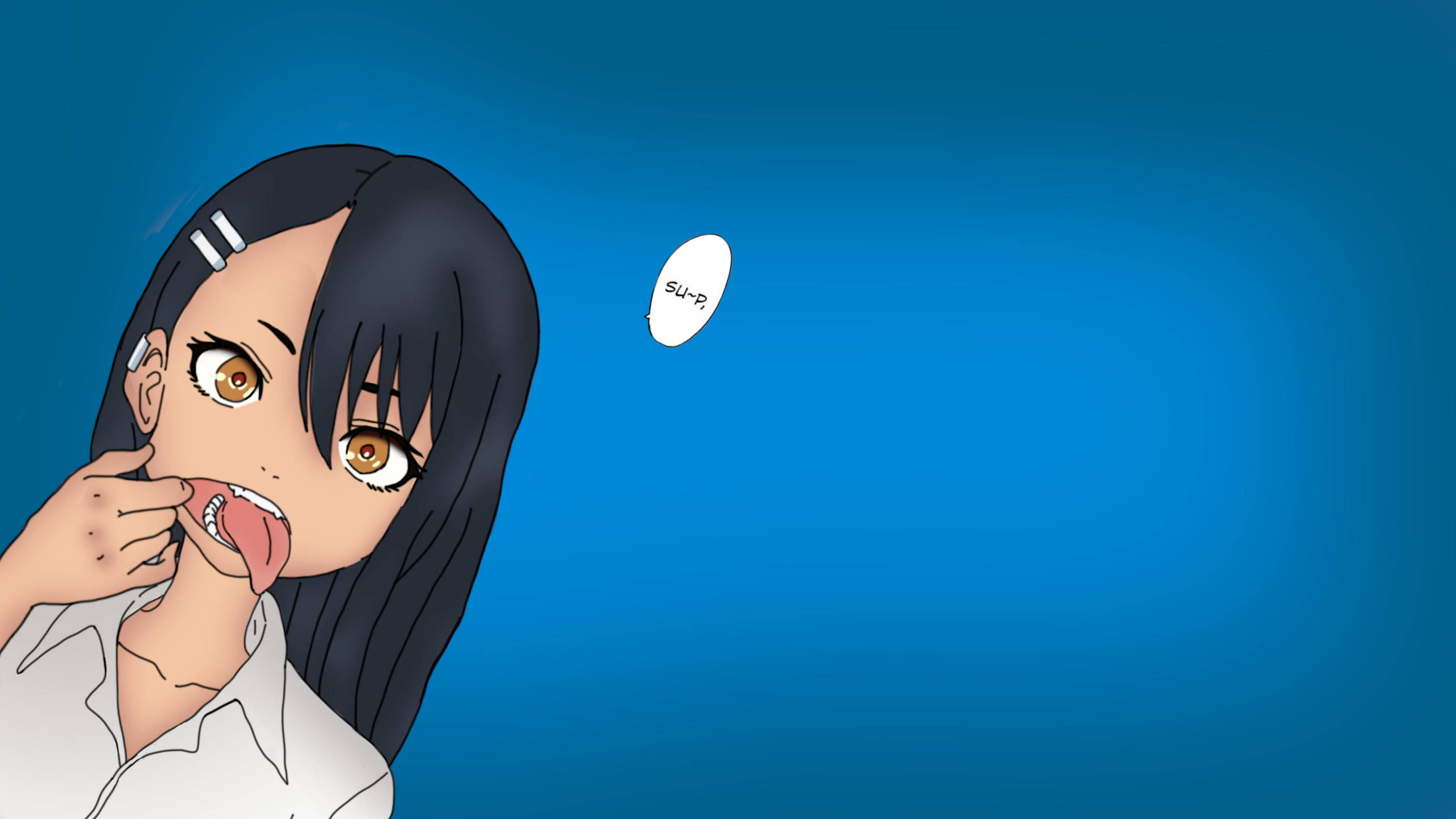 Nagatoro 桌布 壁紙 — 動漫女孩，黑髮棕眼，在漸變藍色背景上頑皮地伸出舌頭。