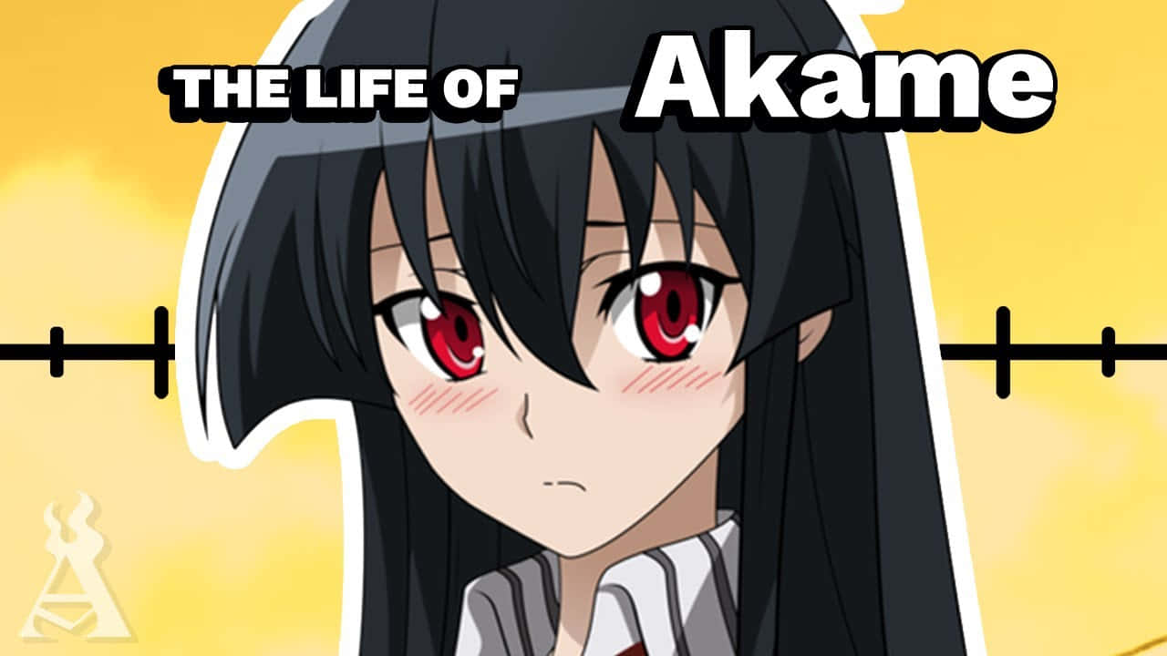Animated 桌布 壁紙 — 動漫女孩Akame，紅眼睛黑頭髮，黃色背景上有文字。