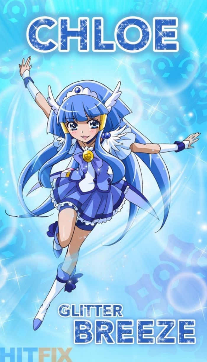 Glitter Force 桌布 壁紙 — 動漫女孩Chloe身穿藍色服裝，帶翅膀飛過閃閃發光的淺藍色背景。