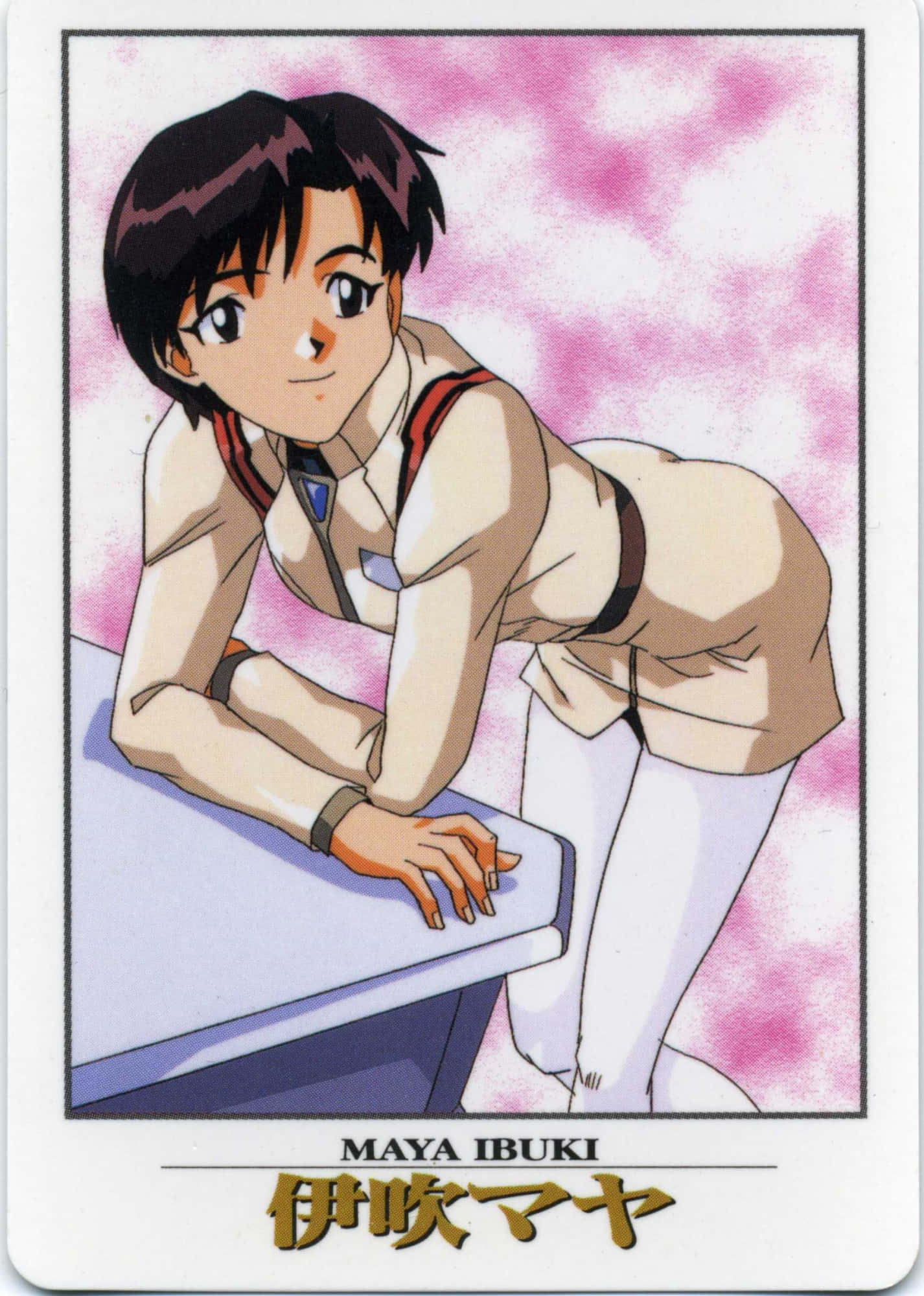 Maya Ibuki 桌布 壁紙 — 動漫女孩Maya Ibuki在粉紅色雲朵背景前，自信地微笑著向前靠在書桌上。