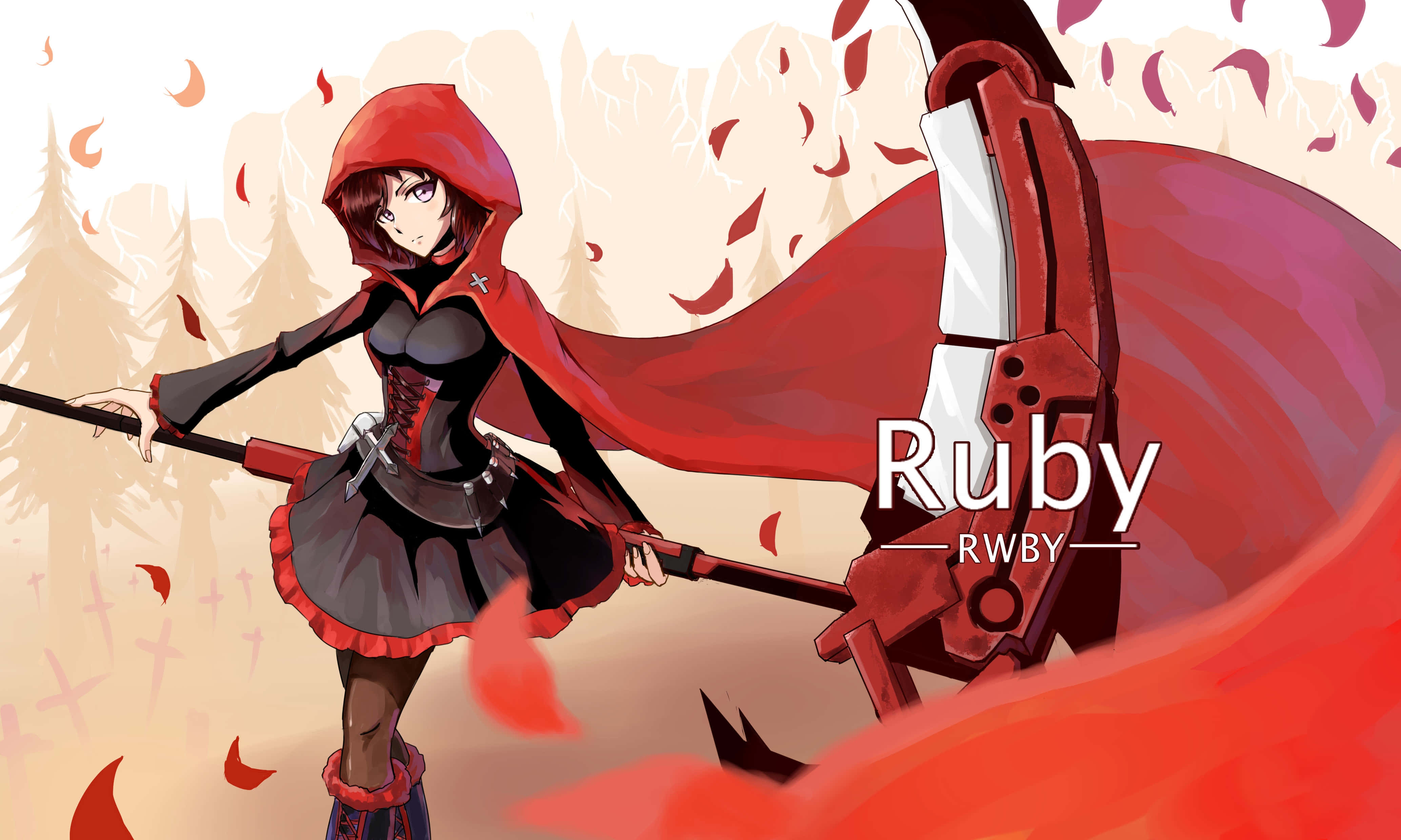 RWBY 桌布 壁紙 — 動漫女孩Ruby Rose身穿紅色連帽服裝，在森林背景下揮舞鐮刀，周圍紅葉飄落。