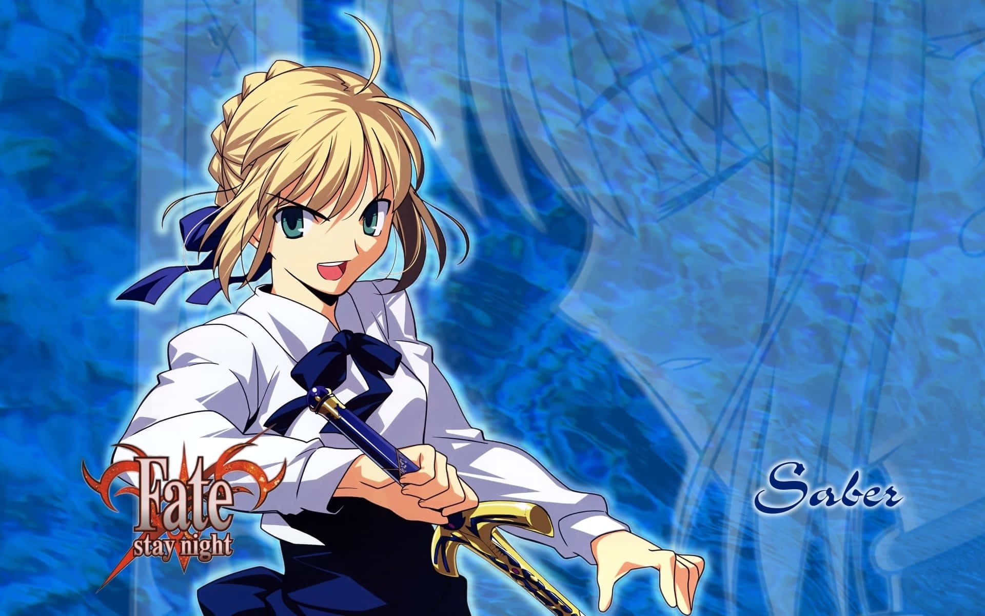 Saber Fate Stay Night 桌布 壁紙 — 動漫女孩Saber穿著白色校服，在藍色抽象背景前持劍。