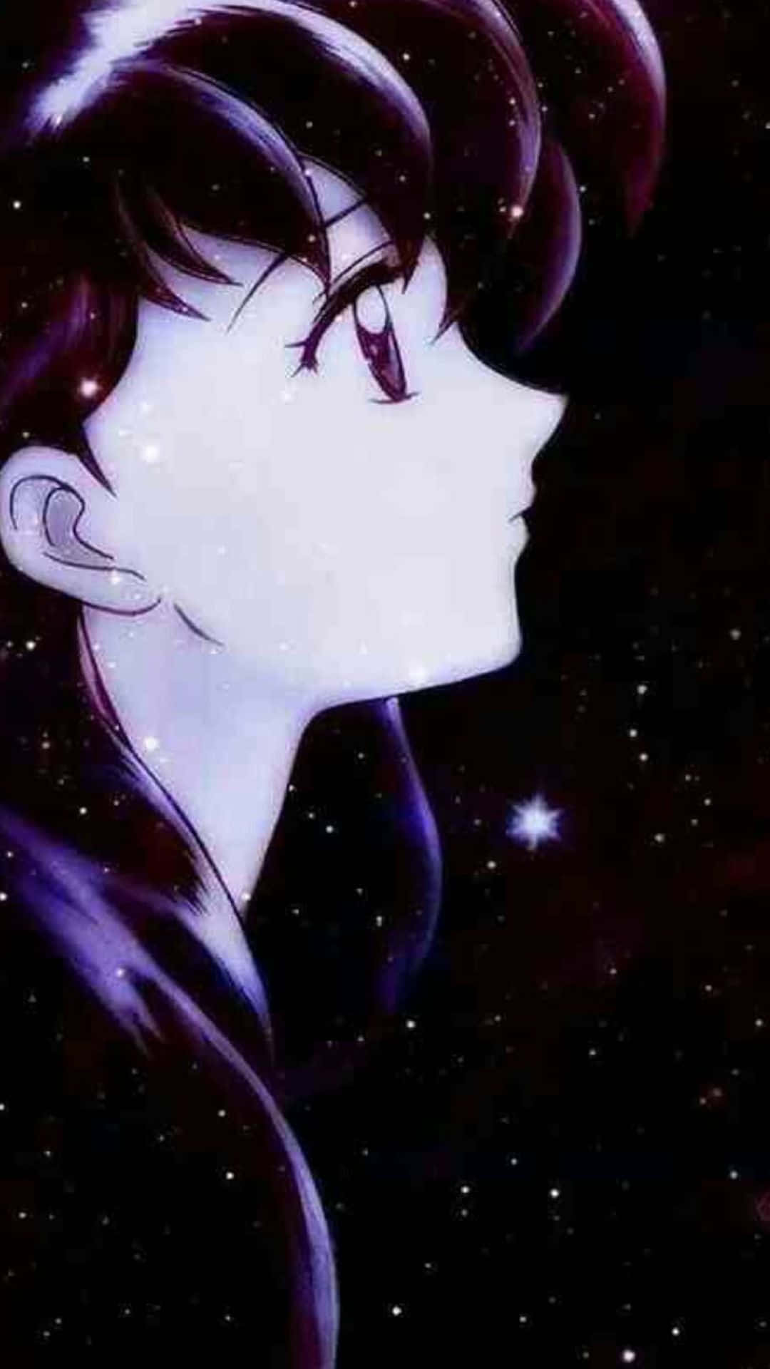 Kagome Higurashi 桌布 壁紙 — 動漫女孩側面凝視著星空宇宙夜空，閃爍星星和紫色頭髮。