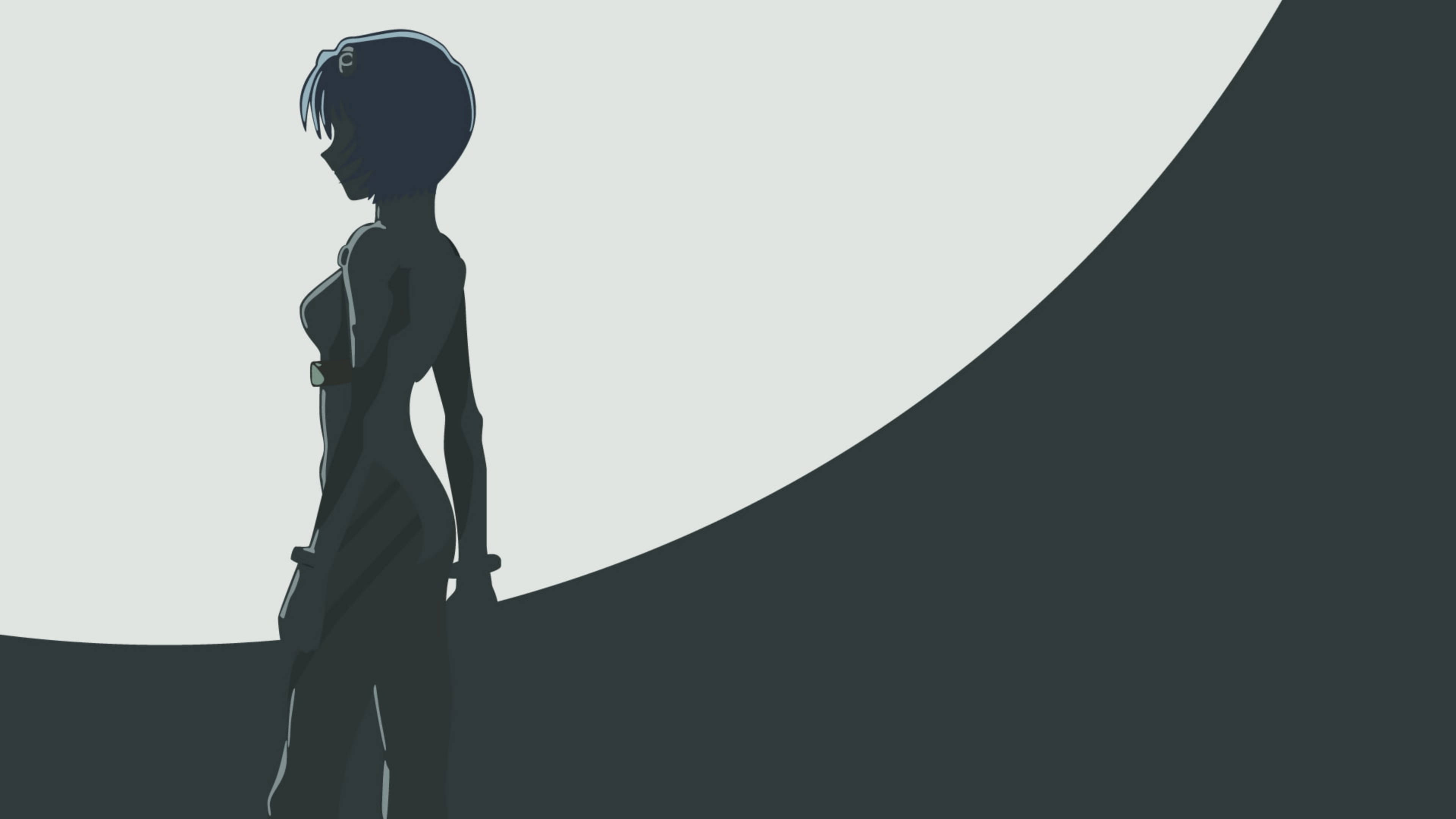 rei ayanami 桌布 壁紙 — 動漫女孩剪影側面站立，背景為淺灰色和深灰色的鮮明彎曲背景。