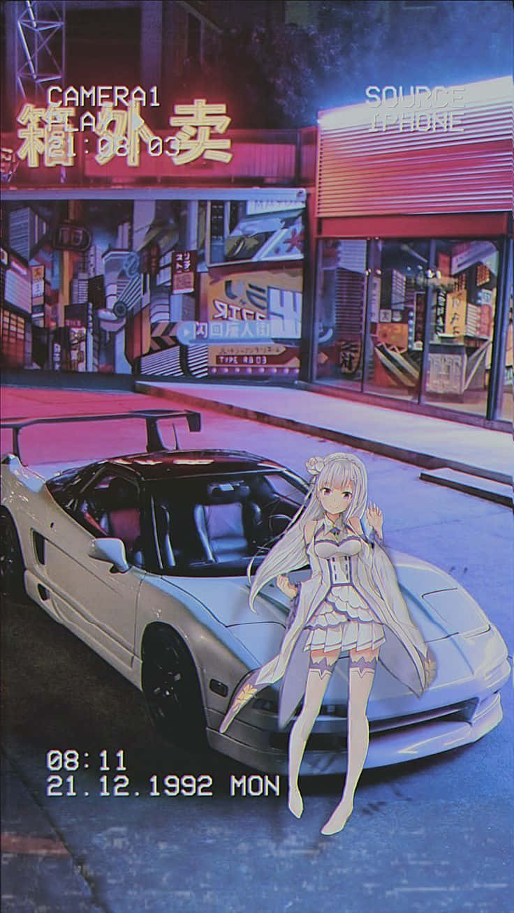 桌布 壁紙 — 動漫女孩在夜晚霓虹燈閃爍的東京街道上，站在白色跑車旁邊揮手。