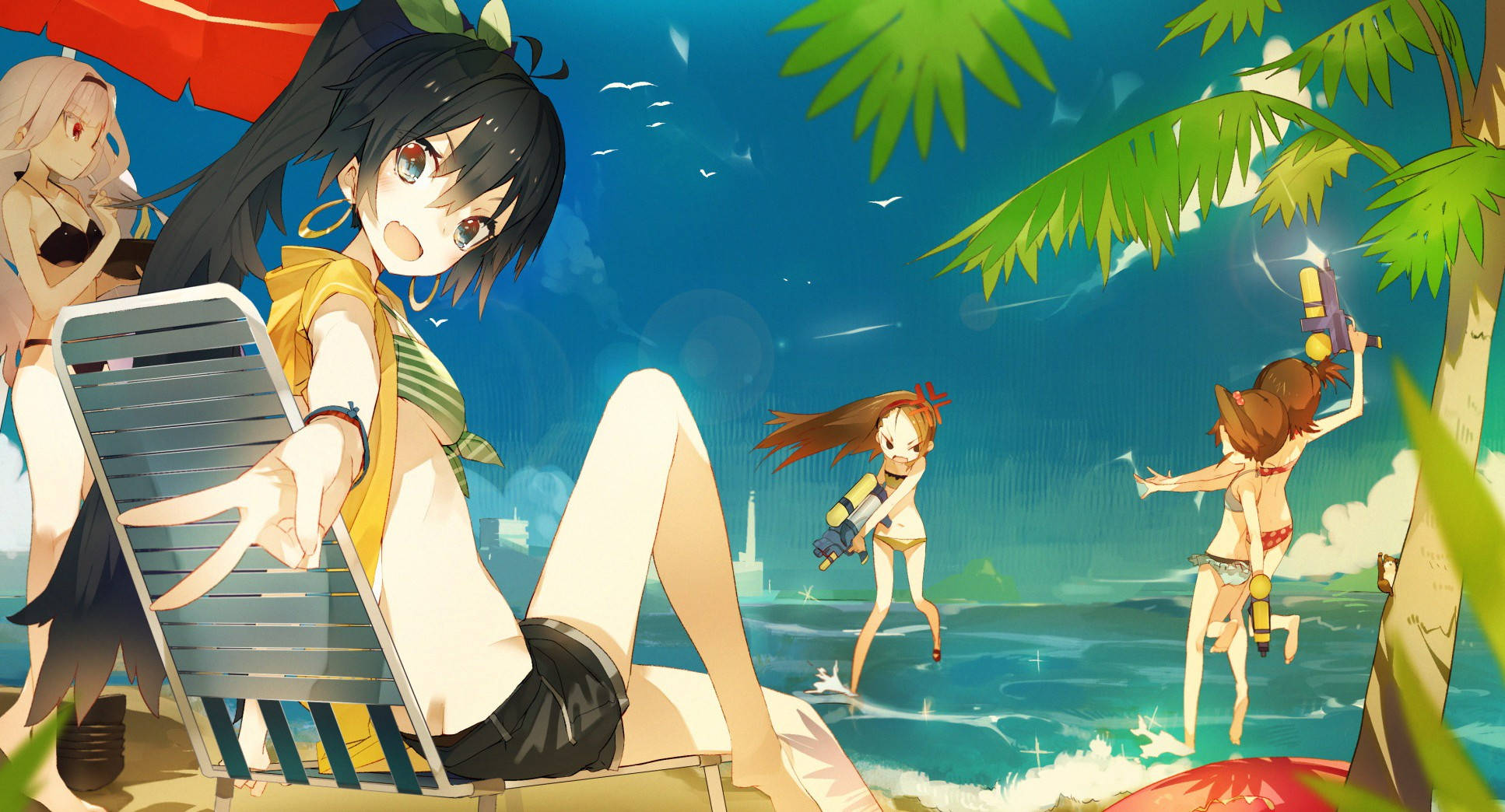 Beach Vacation 桌布 壁紙 — 動漫女孩在棕櫚樹下的熱帶海灘上放鬆並玩水槍。