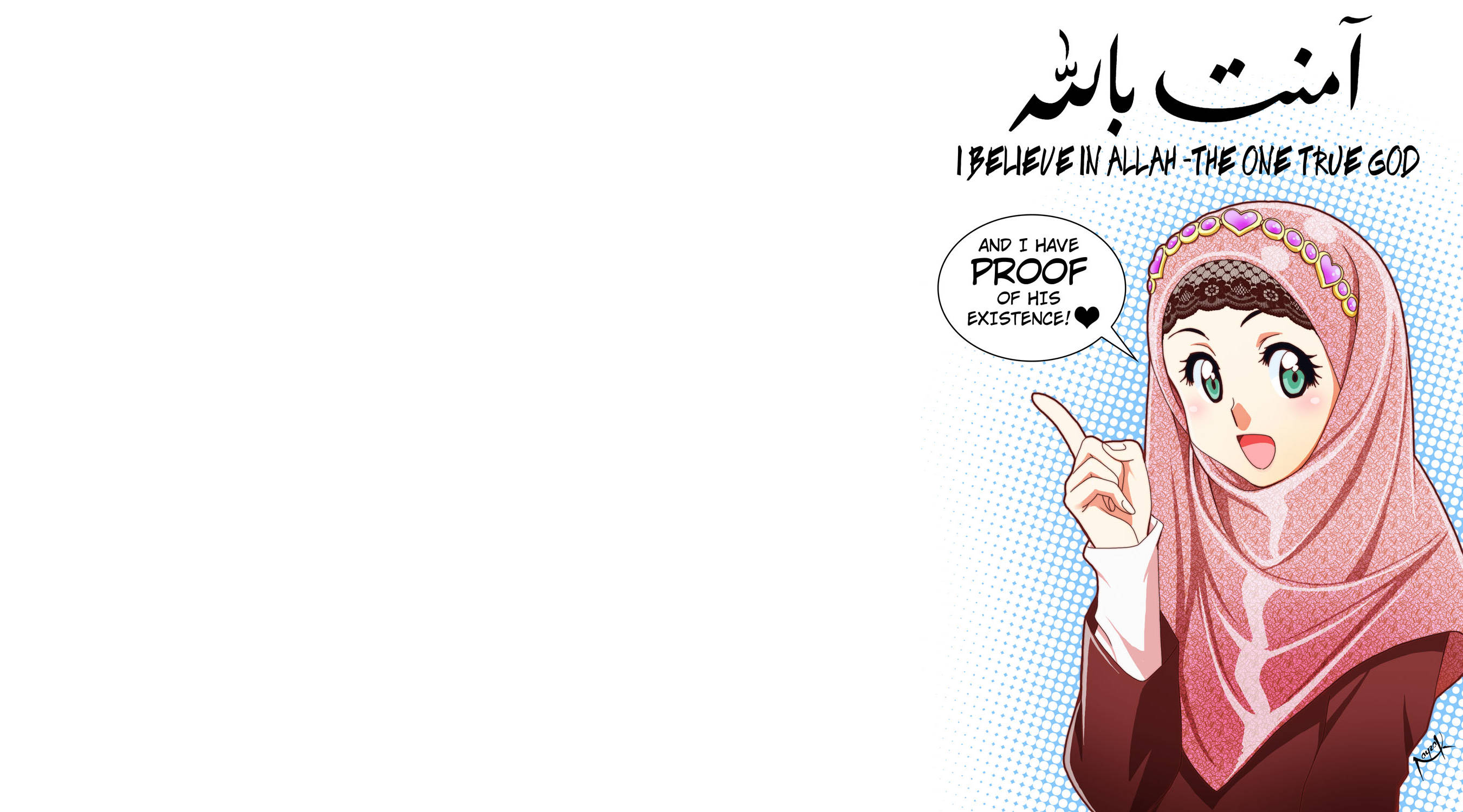 anime hijab 桌布 壁紙 — 動漫女孩戴粉紅色頭巾自信地指著文字，宣告相信真主及其存在的證據。