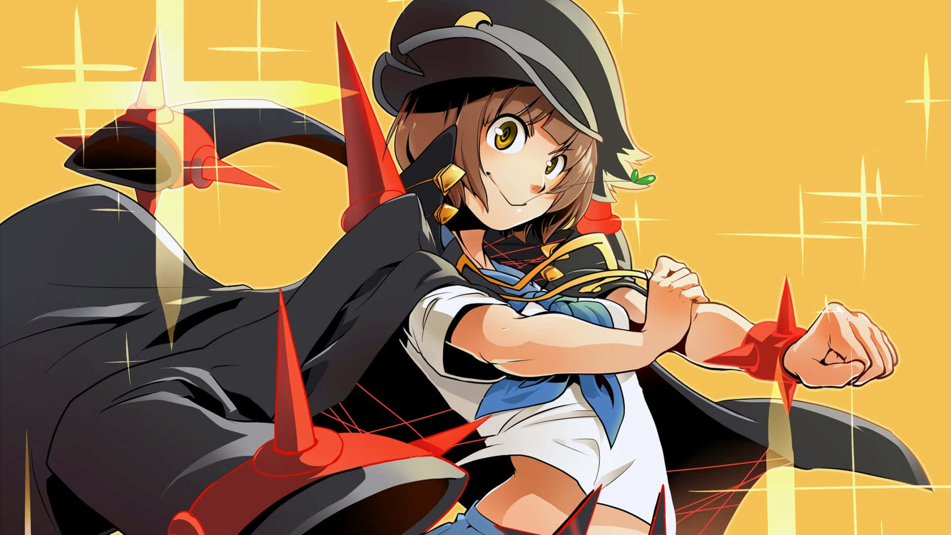 Kill La Kill 桌布 壁紙 — 動漫女孩戴著海盜帽和披風，在金色閃亮背景下揮舞紅色星形武器。