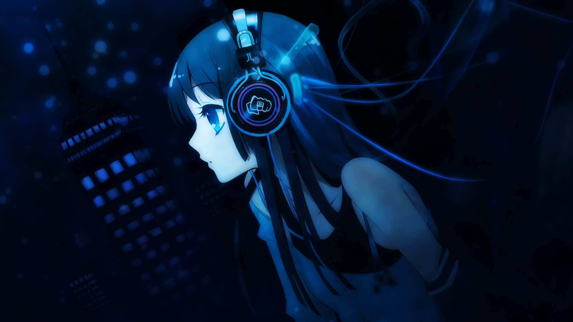 Cool Anime Blue 桌布 壁紙 — 動漫女孩戴著發光藍色耳機，在黑暗的未來城市景觀中聽音樂。