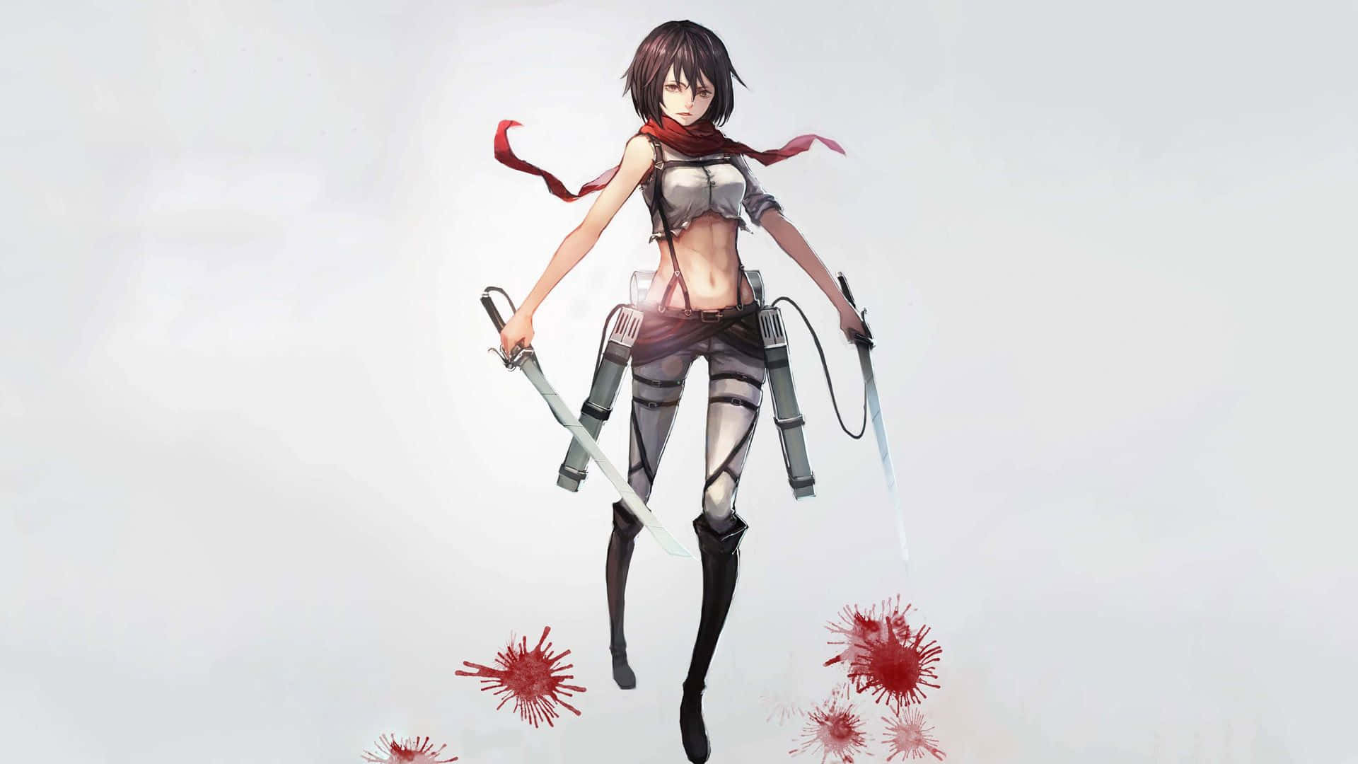 Mikasa 桌布 壁紙 — 動漫女孩戴著紅色圍巾和劍，站在素色背景前，腳邊有血跡。