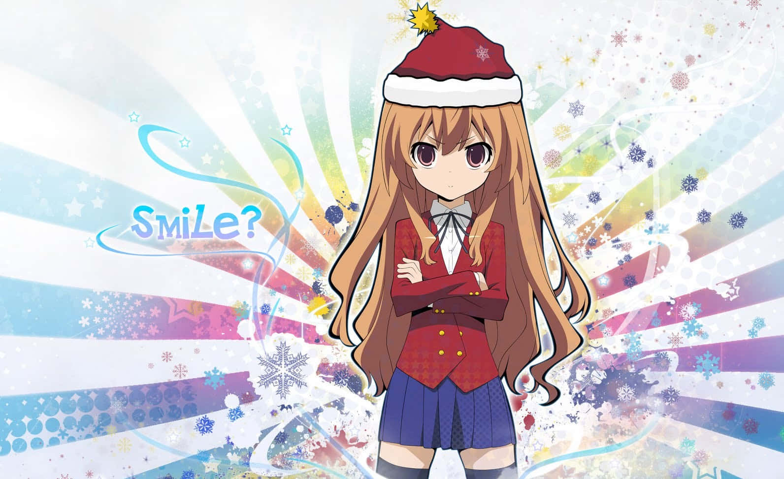 Anime Christmas 桌布 壁紙 — 動漫女孩戴著紅色聖誕帽和校服，雙手交叉站在有雪花和 'Smile?' 字樣的色彩繽紛節日背景前。