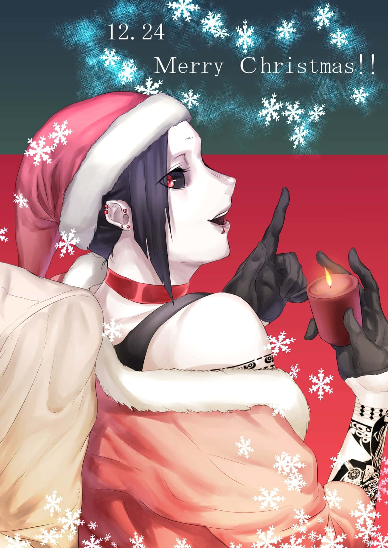 Tokyo Ghoul Uta 桌布 壁紙 — 動漫女孩戴著聖誕帽，在雪紅背景中手持點燃的蠟燭，並有節日文字。
