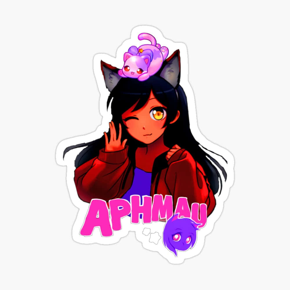 Aphmau 桌布 壁紙 — 動漫女孩戴著貓耳，頭頂一隻紫色貓咪，在貼紙設計中開心地揮手。