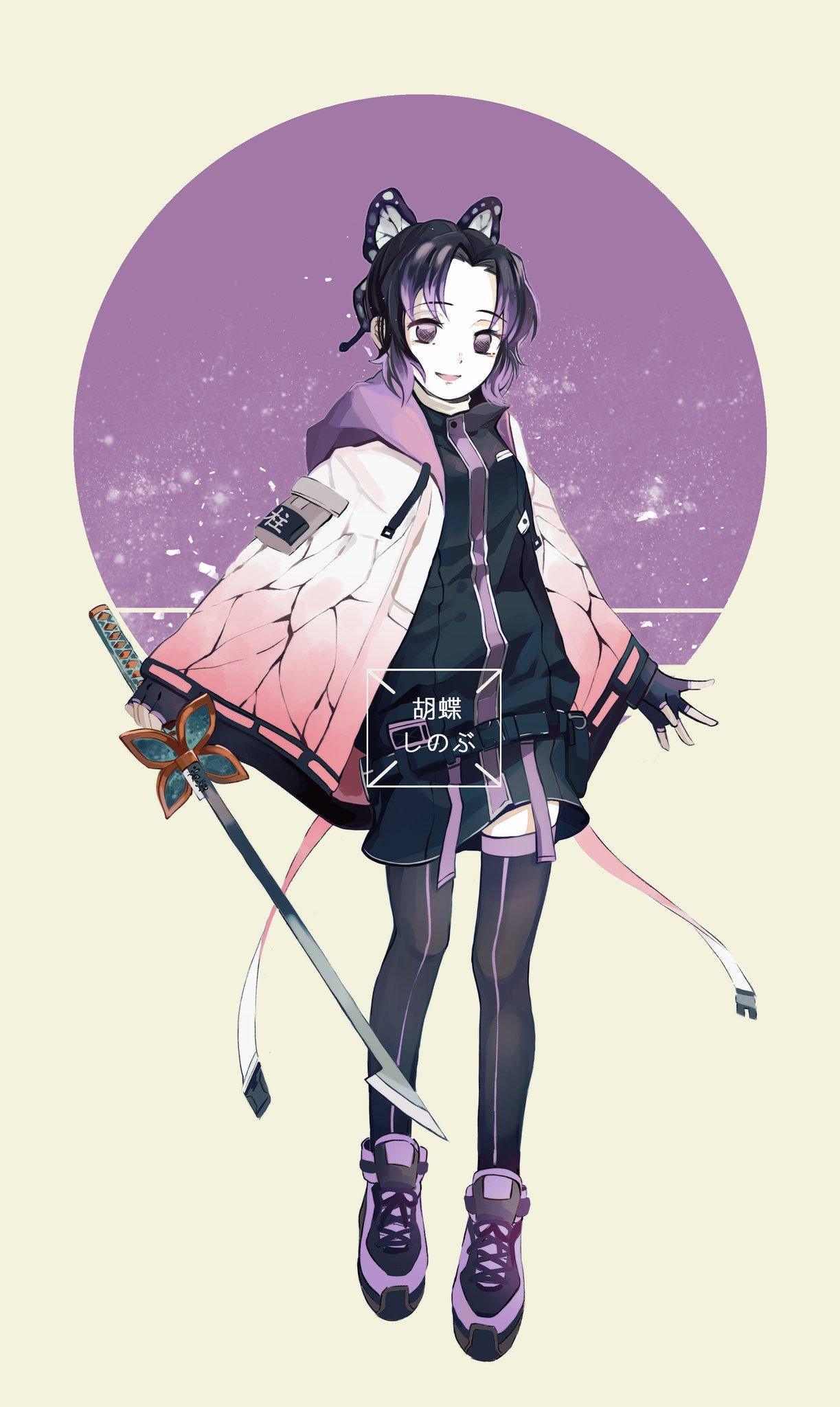 kanae kocho 桌布 壁紙 — 動漫女孩戴著貓耳和劍，站在紫色圓形星空背景前。
