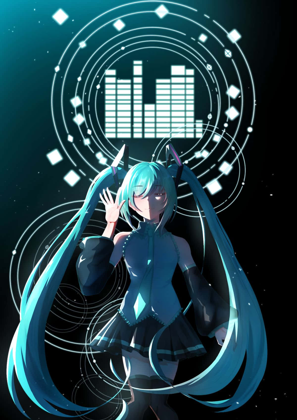 Vocaloid 桌布 壁紙 — 動漫女孩扎著綠松色雙馬尾，在深青綠色背景上發光的音波圓圈下揮手。