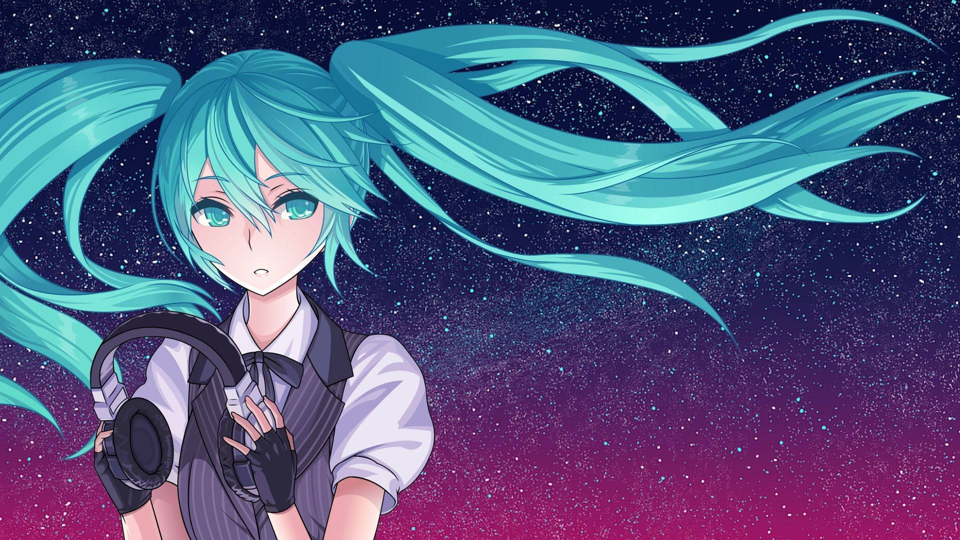 Aesthetic Anime Pfp 桌布 壁紙 — 動漫女孩扎著綠松色雙馬尾，在繁星點點的紫藍色夜空下拿著耳機。