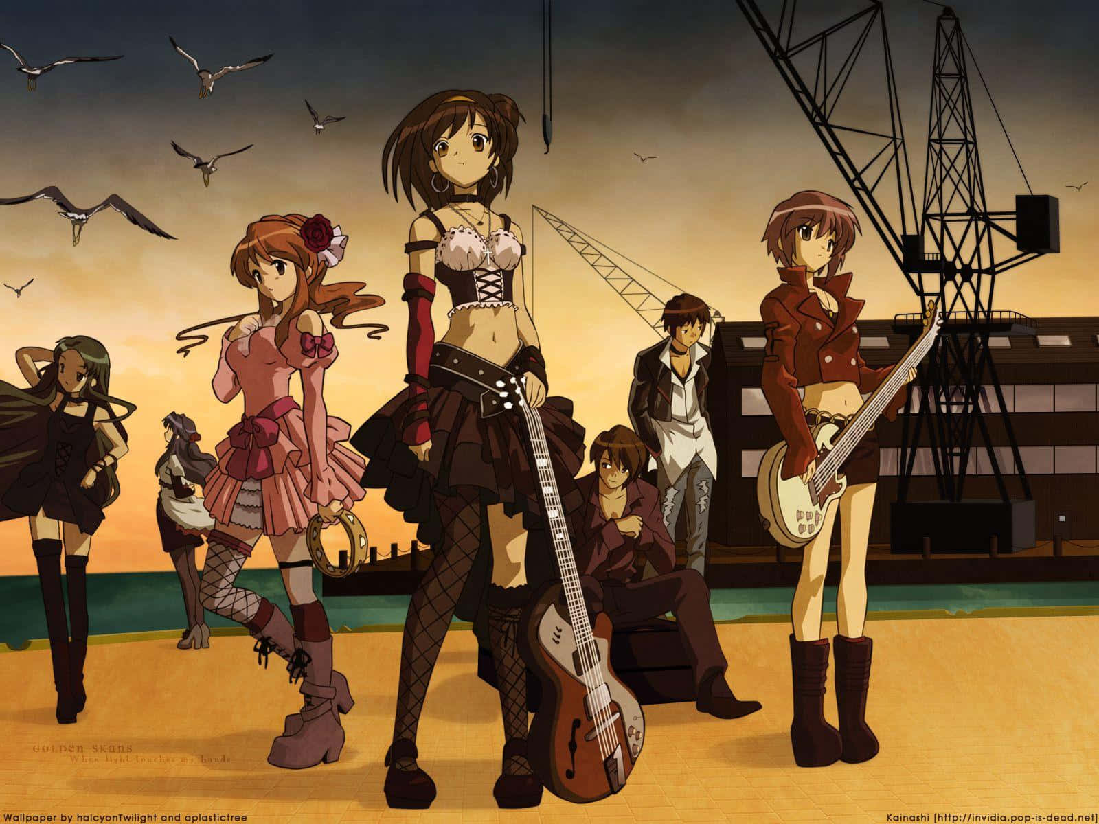 Haruhi Suzumiya 桌布 壁紙 — 動漫女孩拿著吉他站在日落時的碼頭上，頭頂有海鷗飛過，背景有一台起重機。