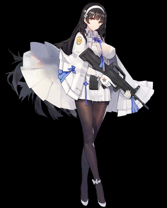 動漫女孩持槍身穿白色制服 壁紙