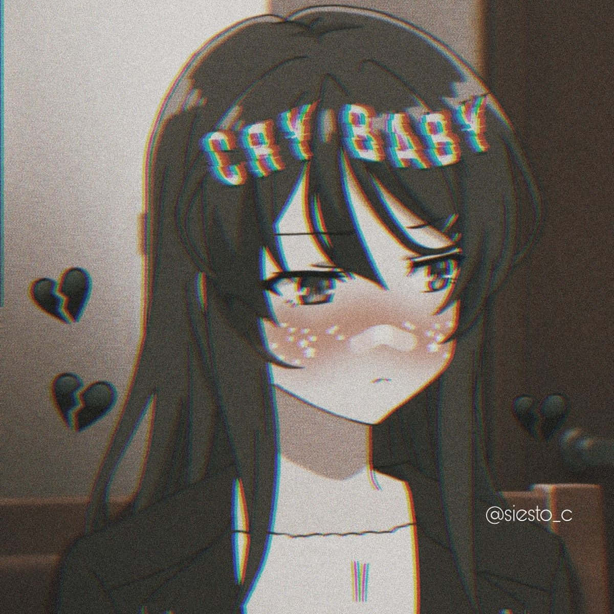 Cute Aesthetic Profile 桌布 壁紙 — 動漫女孩淚眼汪汪，頭頂有「CRY BABY」故障文字，周圍環繞著破碎的心。