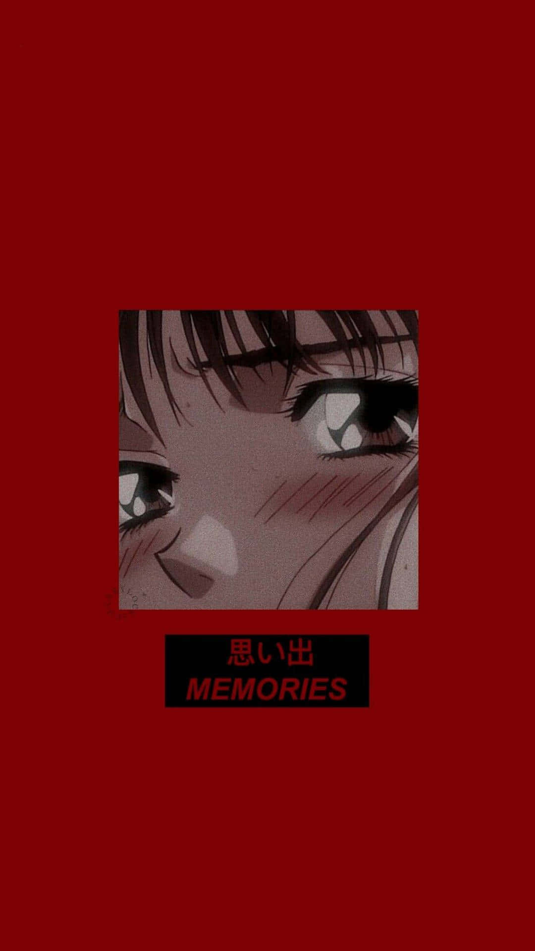 Lofi Anime 桌布 壁紙 — 動漫女孩淚眼汪汪的特寫，背景為深紅色，帶有 'MEMORIES' 文字。