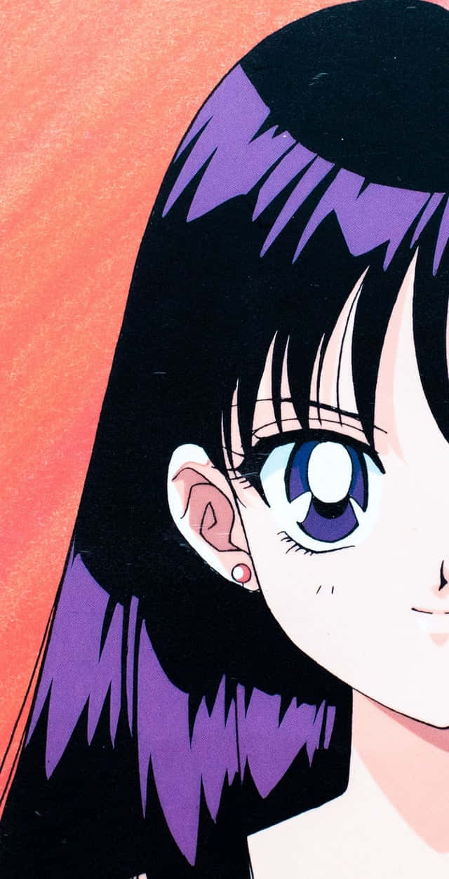 sailor mars 桌布 壁紙 — 動漫女孩特寫，黑髮帶紫色條紋，藍色大眼睛，背景為溫暖的橙色。