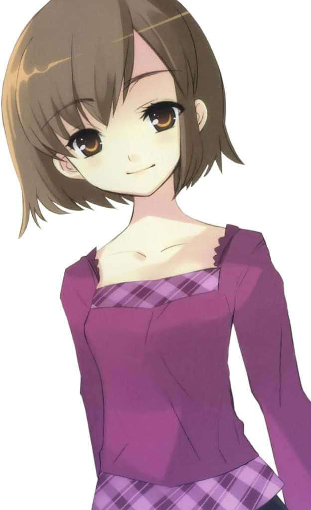 Haruhi Sasaki 桌布 壁紙 — 動漫女孩留著棕色鮑伯頭，溫暖的棕色眼睛，穿著紫色格紋上衣，在純白色背景前溫柔微笑。