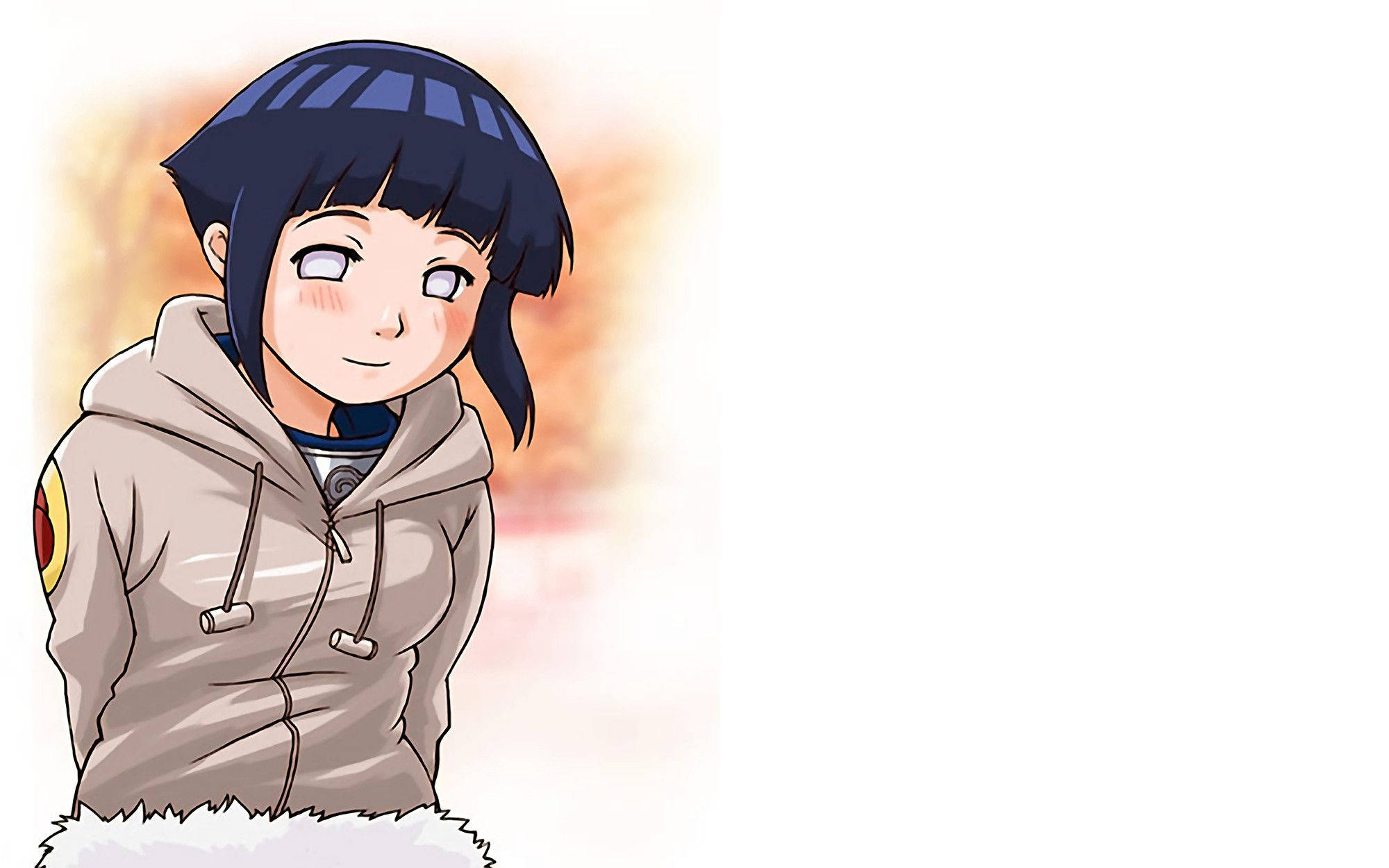Hinata Hyuga 桌布 壁紙 — 動漫女孩留著深藍色鮑伯頭，臉頰紅潤，穿著帶白色毛邊的米色連帽衫，溫柔地微笑。