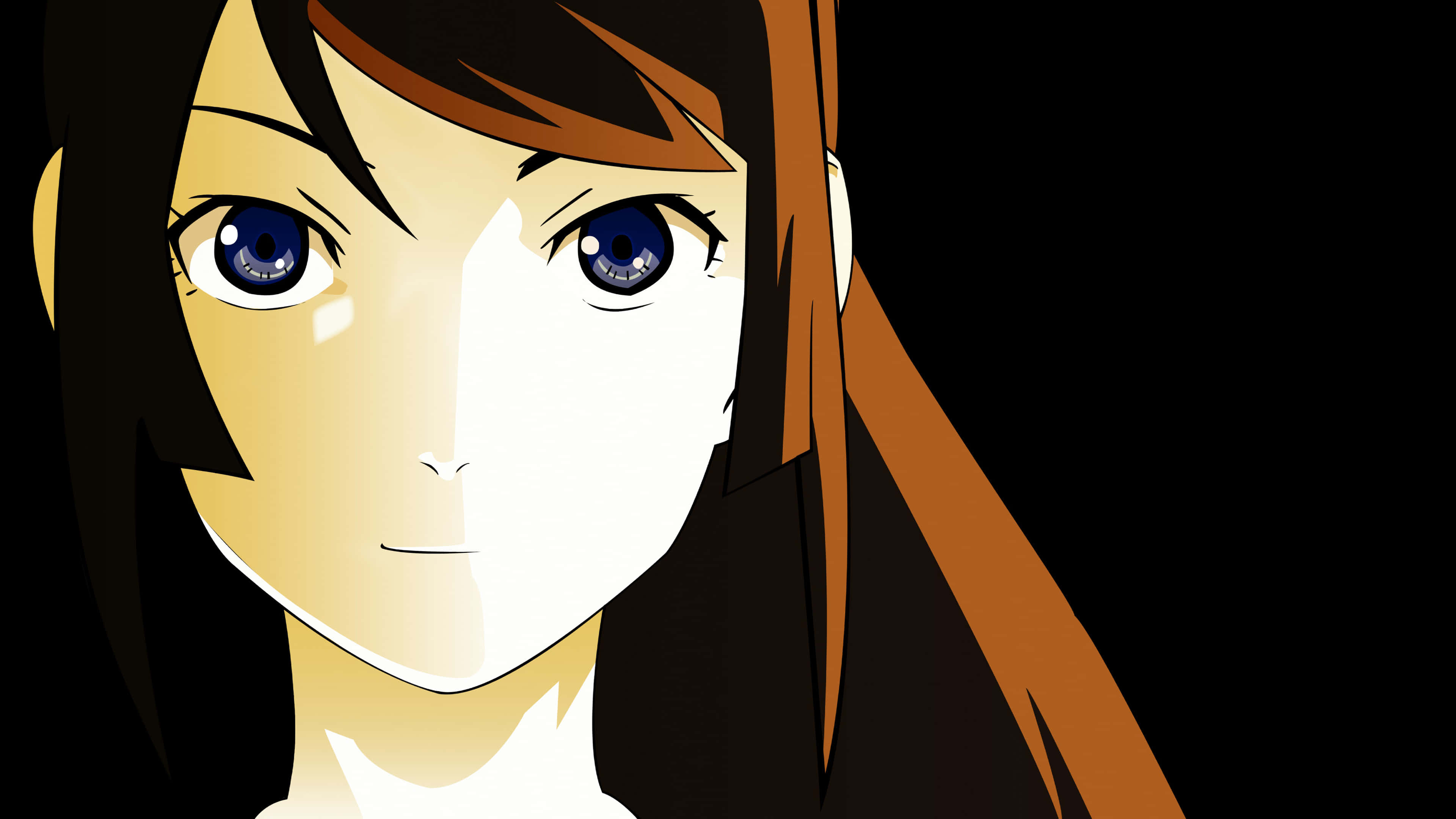 Monogatari 桌布 壁紙 — 動漫女孩的特寫，擁有引人注目的藍色眼睛和棕色頭髮，背景為 stark 黑色。