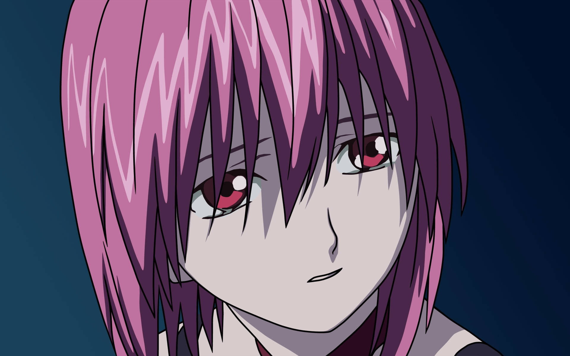 Elfen Lied 桌布 壁紙 — 動漫女孩的特寫，擁有鮮豔的粉紅色頭髮和紅色眼睛，背景為深藍色。