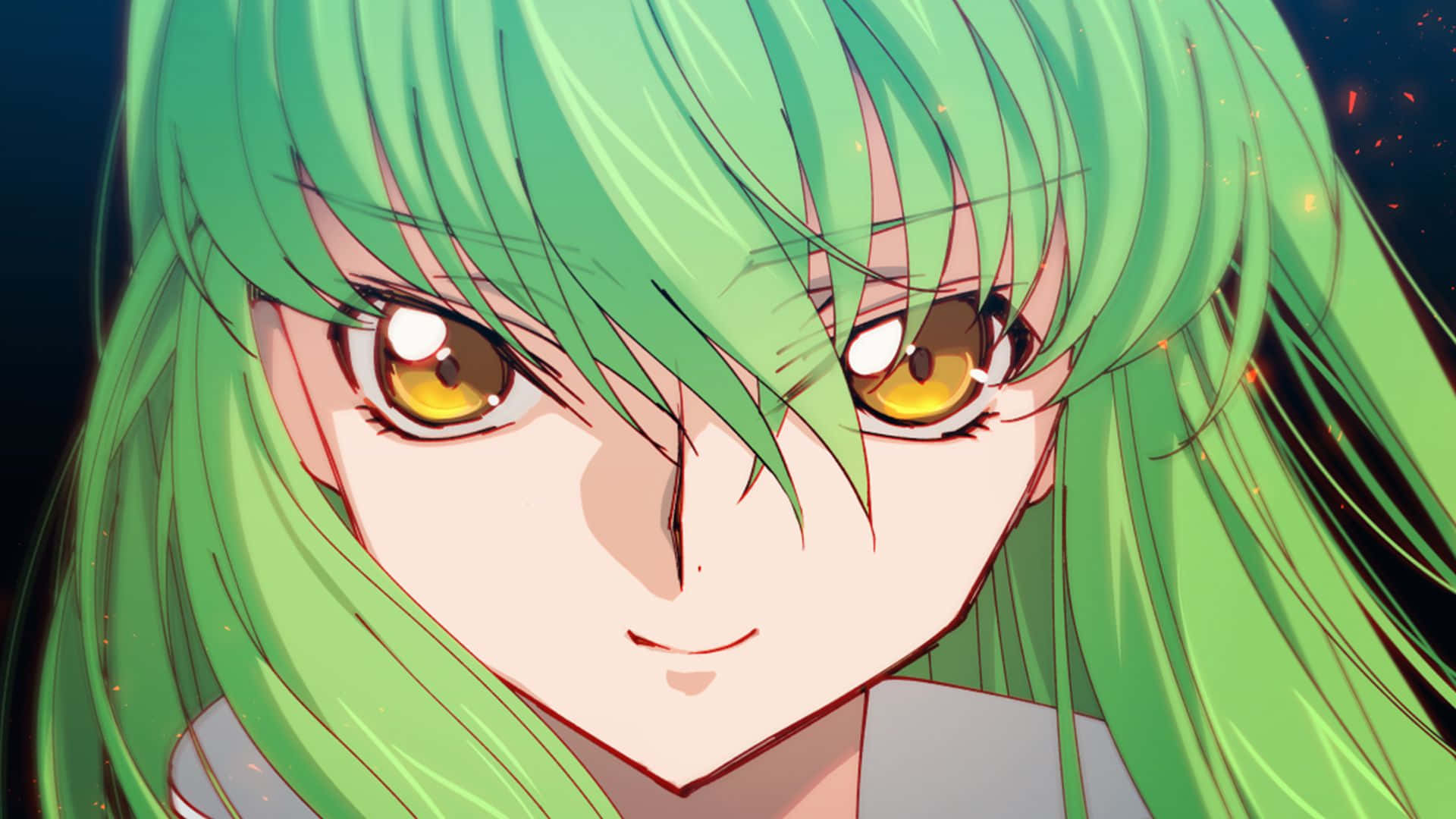 Code Geass C.c. 桌布 壁紙 — 動漫女孩的特寫，擁有鮮豔的綠色頭髮和金色的眼睛，在黑暗的宇宙背景下溫柔微笑。
