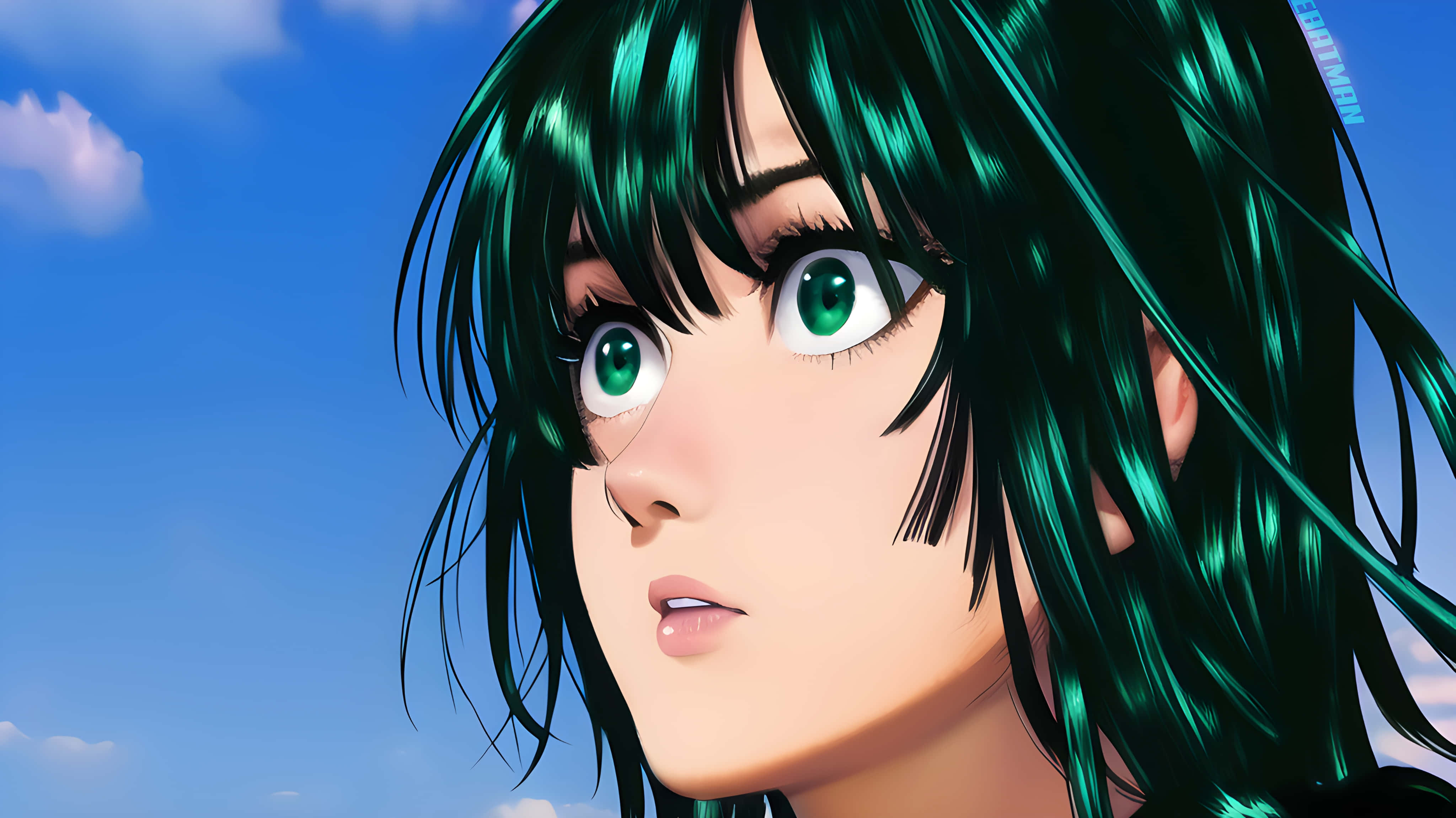 Fubuki 桌布 壁紙 — 動漫女孩的特寫，擁有鮮豔的綠色頭髮和眼睛，仰望明亮的藍天和柔軟的白雲。