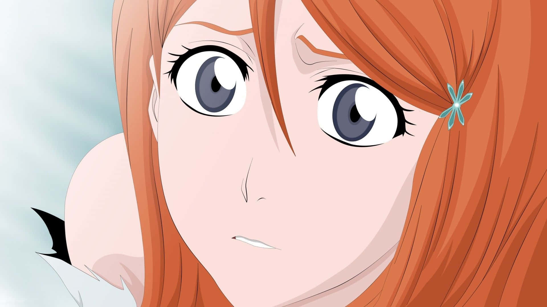 Orihime Inoue 桌布 壁紙 — 動漫女孩的近照，橙色頭髮，藍色大眼睛，表情驚訝。