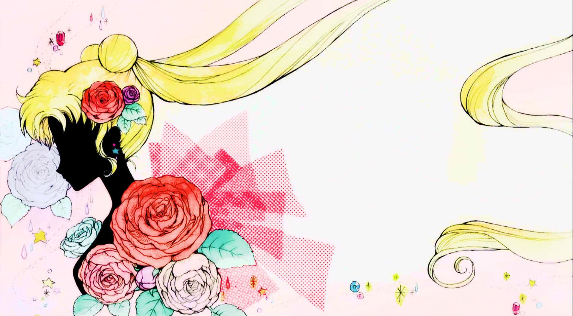 Aesthetic Sailor Moon 桌布 壁紙 — 動漫女孩的金色辮子和玫瑰剪影，背景是柔和的粉紅色，帶有漂浮的星星和裝飾蝴蝶結。