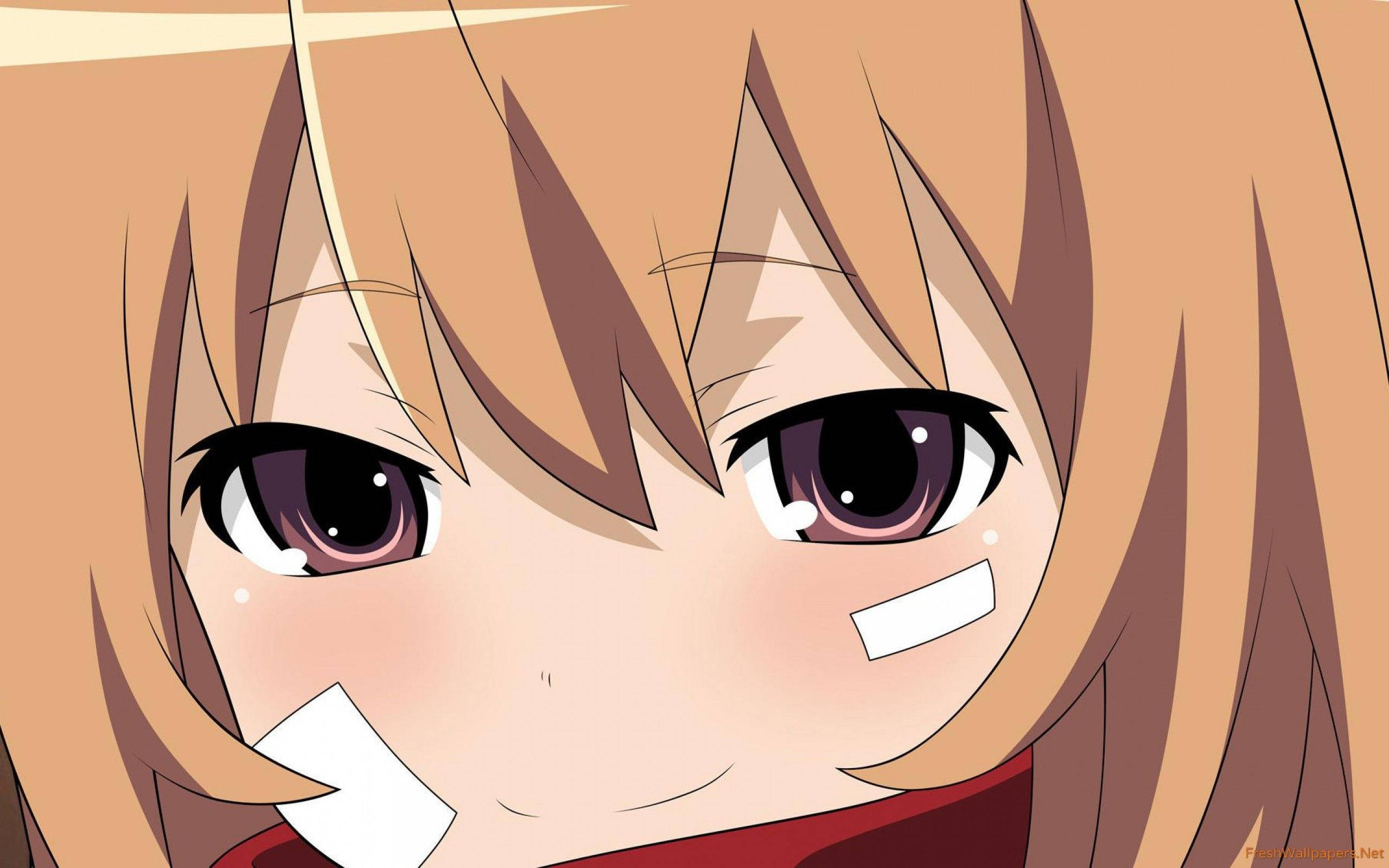 Toradora 桌布 壁紙 — 動漫女孩的頭像，棕色頭髮，紫色眼睛，微笑著，嘴上貼著膠帶。