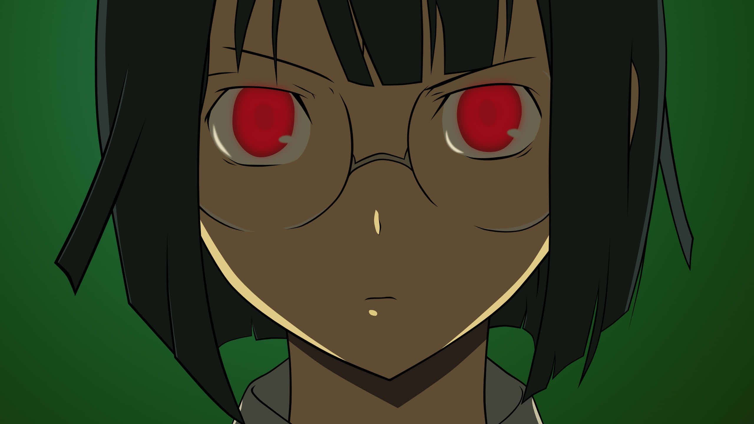 Anri Sonohara 桌布 壁紙 — 動漫女孩的黑髮和發光的紅眼睛特寫，背景為純綠色。