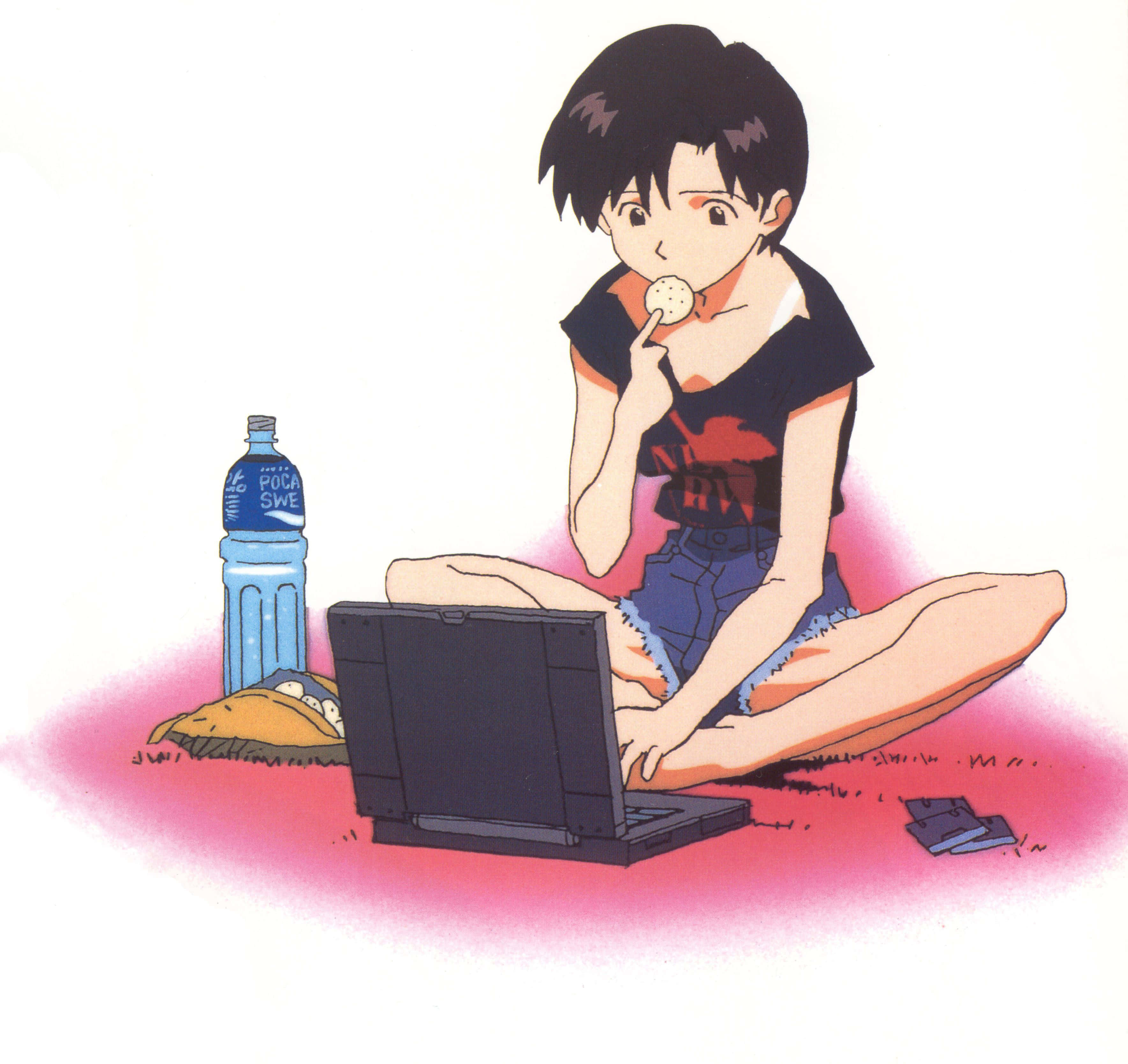 Maya Ibuki 桌布 壁紙 — 動漫女孩盤腿坐在草地上吃零食，同時使用筆記型電腦，附近有水壺。