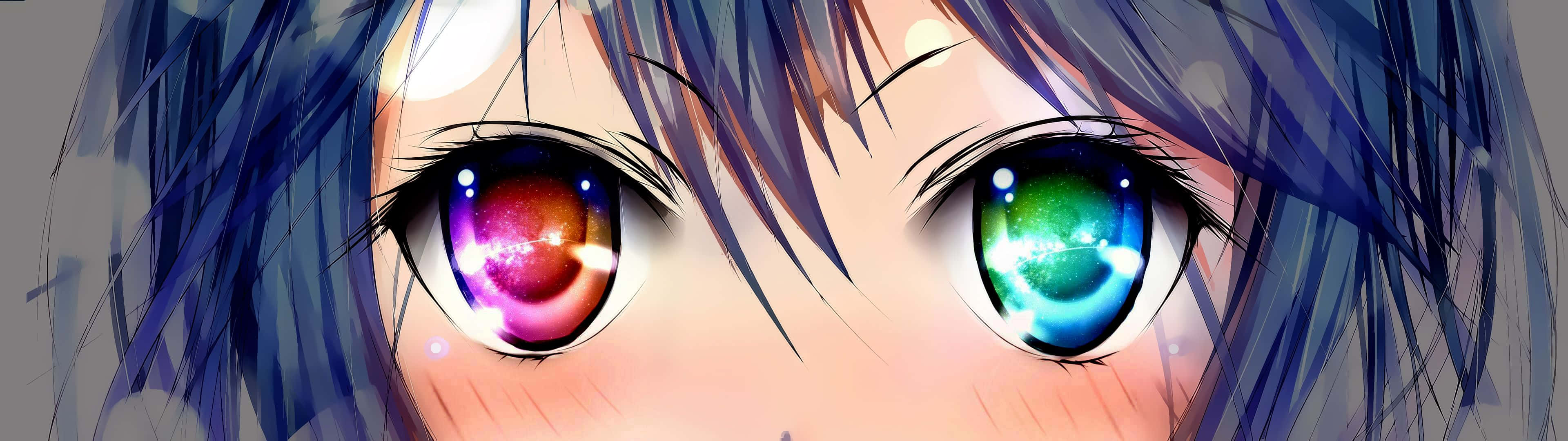 3840 X 1080 Anime HD 桌布 壁紙 — 動漫女孩眼睛的特寫，反射出宇宙星雲和星星，帶有充滿活力的紫色、藍色和綠色色調。
