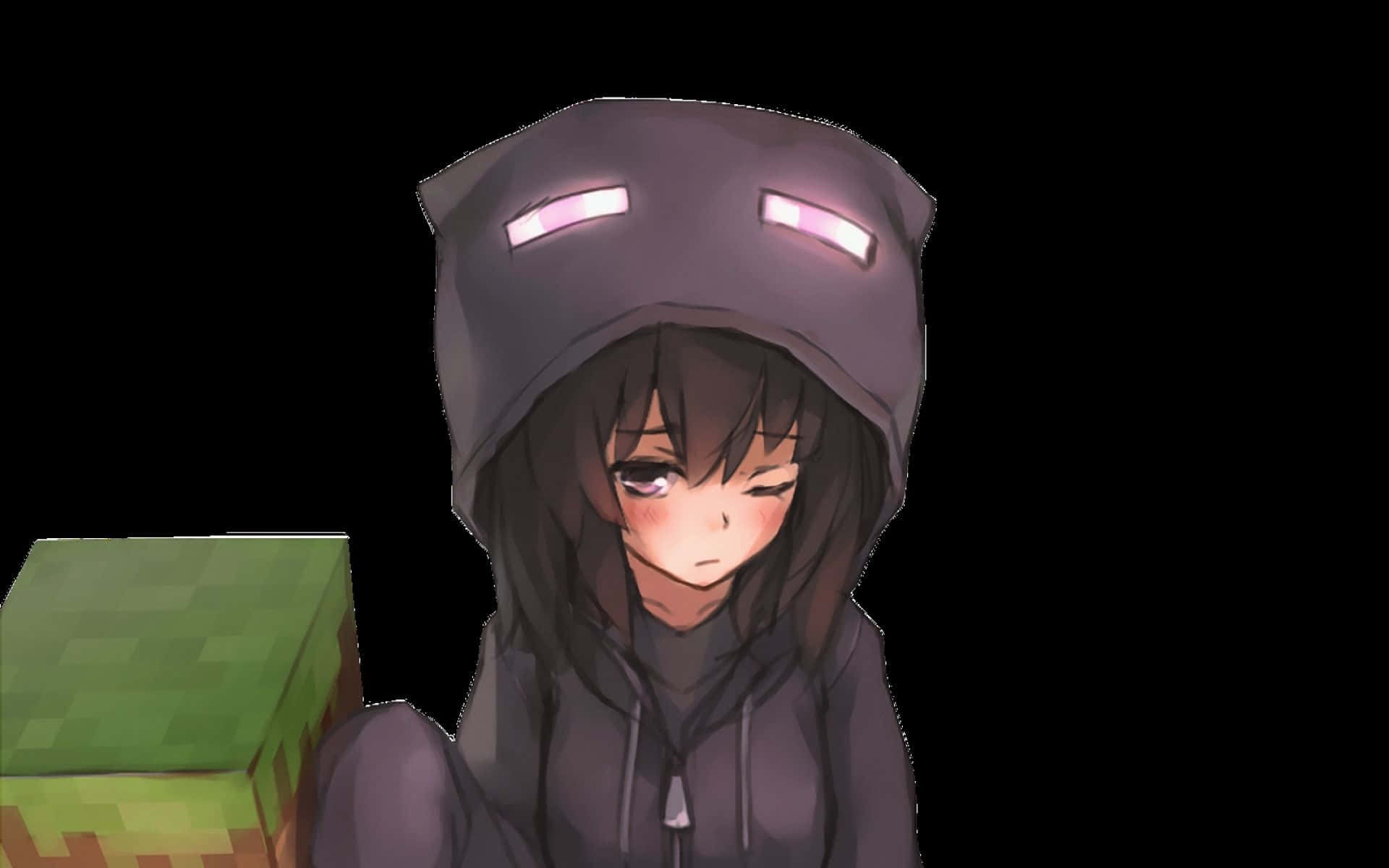 Cute Minecraft 桌布 壁紙 — 動漫女孩穿著Minecraft苦力怕連帽衫，手持草方塊，背景為黑色。