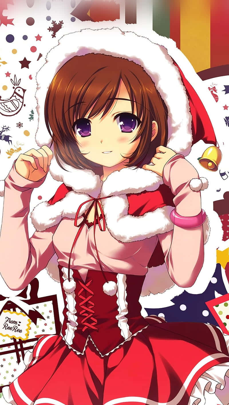 動漫女孩 桌布 壁紙 — 動漫女孩穿著喜慶的紅白聖誕老人服裝，在色彩繽紛的節日圖案背景前溫暖地微笑。