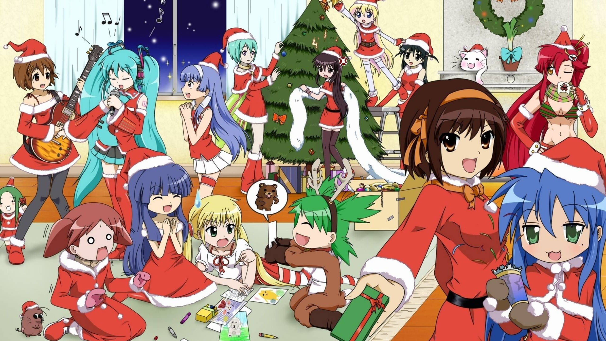 動漫聖誕 桌布 壁紙 — 動漫女孩穿著喜慶的紅色聖誕老人服裝，在裝飾好的聖誕樹周圍慶祝聖誕節，伴隨著禮物和音樂。