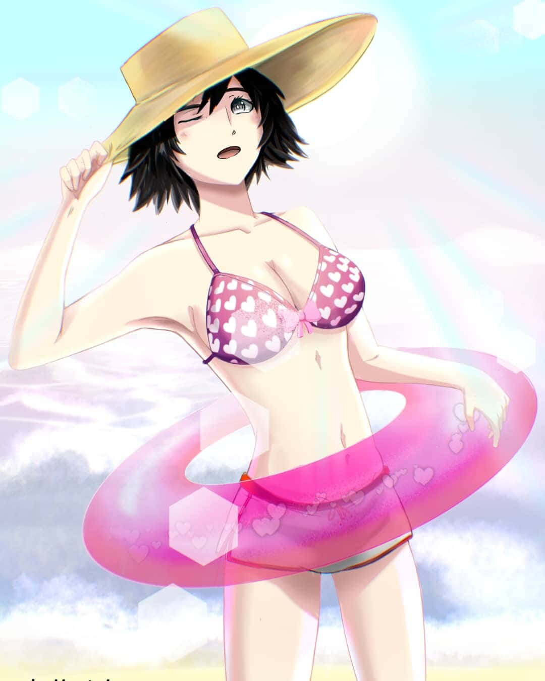 Mayuri Shiina 桌布 壁紙 — 動漫女孩穿著心形圖案比基尼和草帽，在明亮的天空和陽光下拿著粉紅色浮圈。