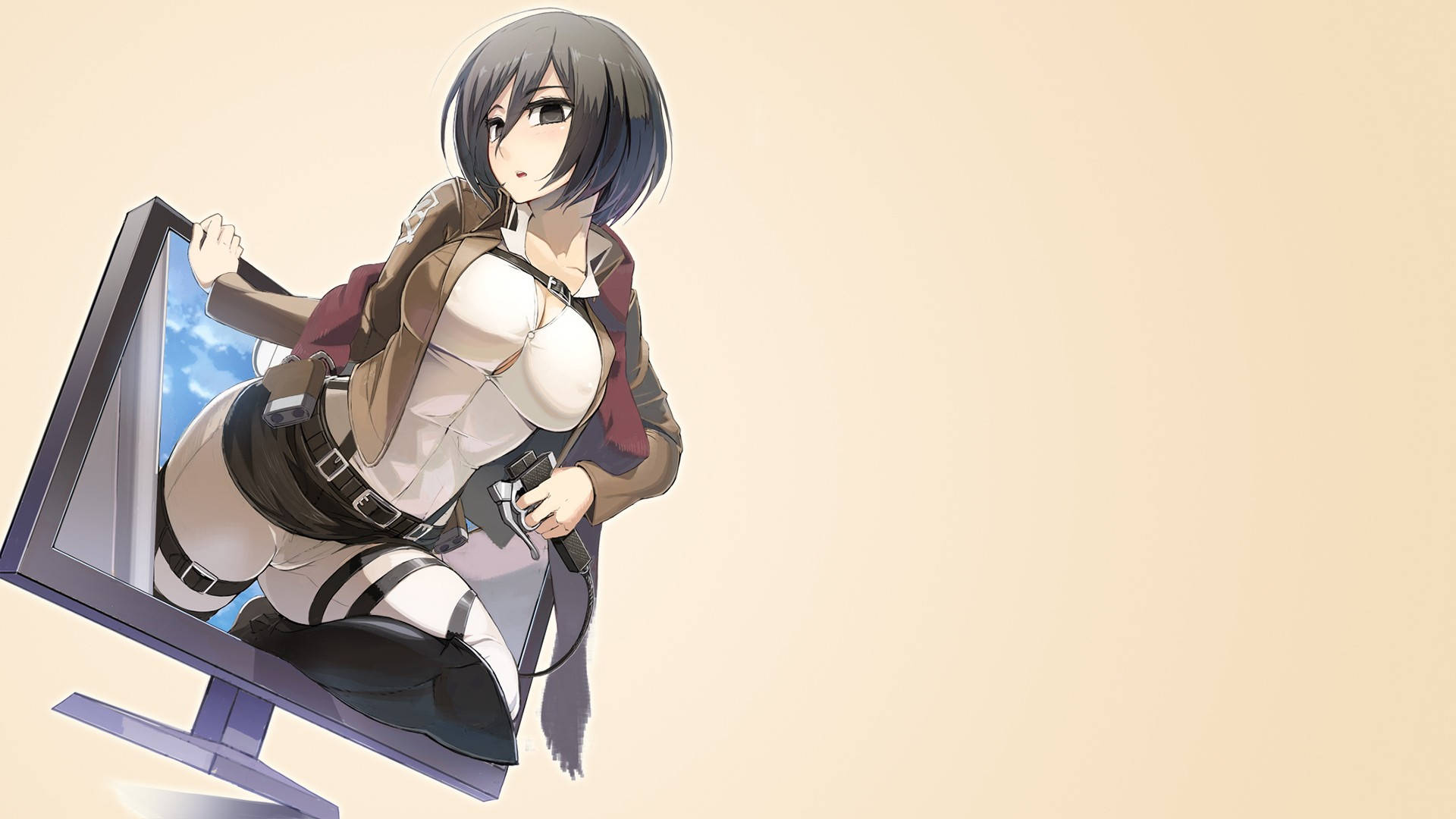 Mikasa Ackerman 桌布 壁紙 — 動漫女孩穿著戰鬥裝備從傾斜的電腦顯示器中出現，背景為米色。