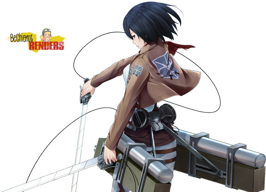 Mikasa Ackerman 桌布 壁紙 — 動漫女孩穿著棕色制服，配備裝備和劍，在黑色背景前準備行動。