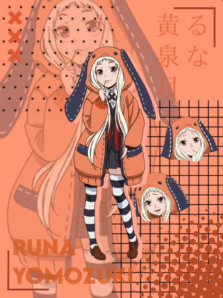 Runa Yomozuki 桌布 壁紙 — 動漫女孩穿著橙色兔子連帽衫和條紋襪子，在圓點和網格背景前若有所思地擺姿勢。