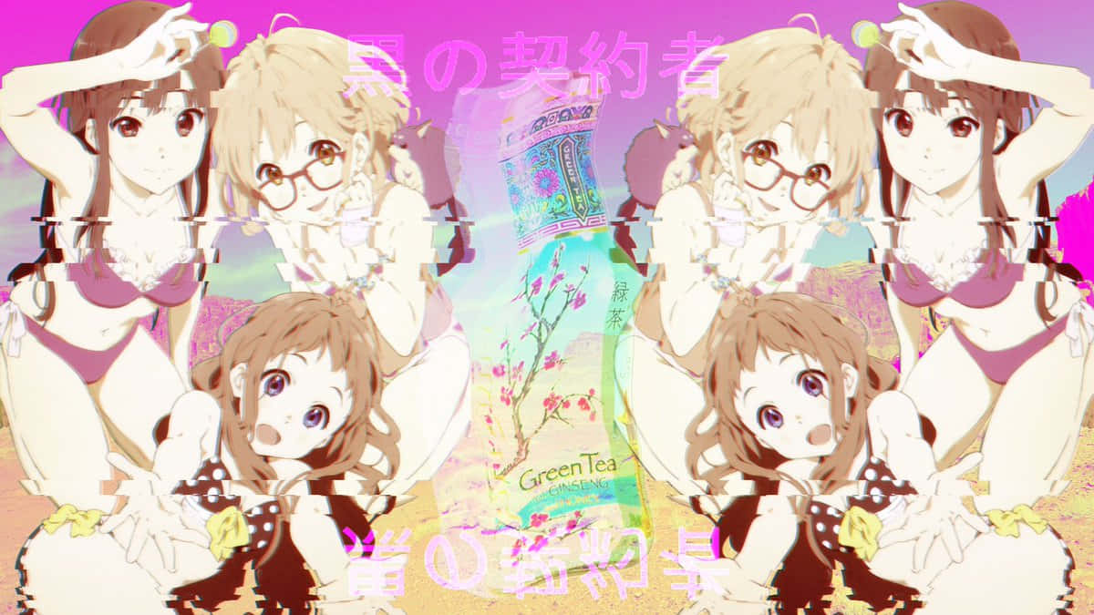動漫女孩 桌布 壁紙 — 動漫女孩穿著比基尼，在櫻花和綠茶瓶周圍擺姿勢，背景是粉紅色和紫色的漸變色。