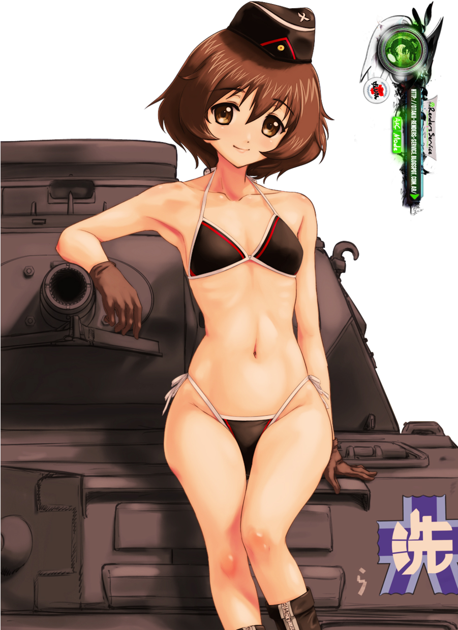 比基尼 桌布 壁紙 — 動漫女孩穿著比基尼和軍帽，靠在一輛帶有發光綠色武器圖標的坦克上。